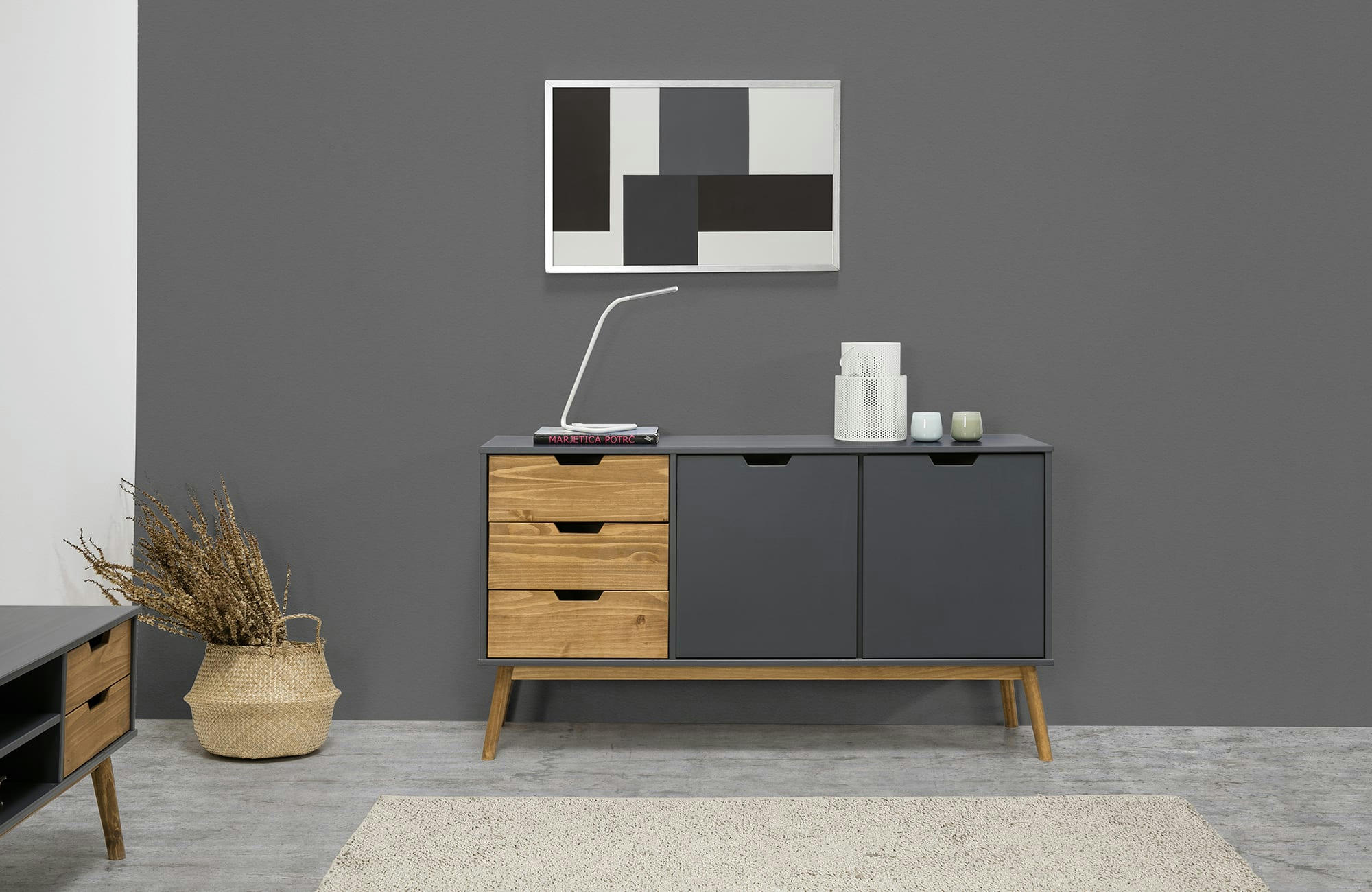 JAVA - Buffet commode 3 tiroir y 2 porte anthracite, longueur 140 cm