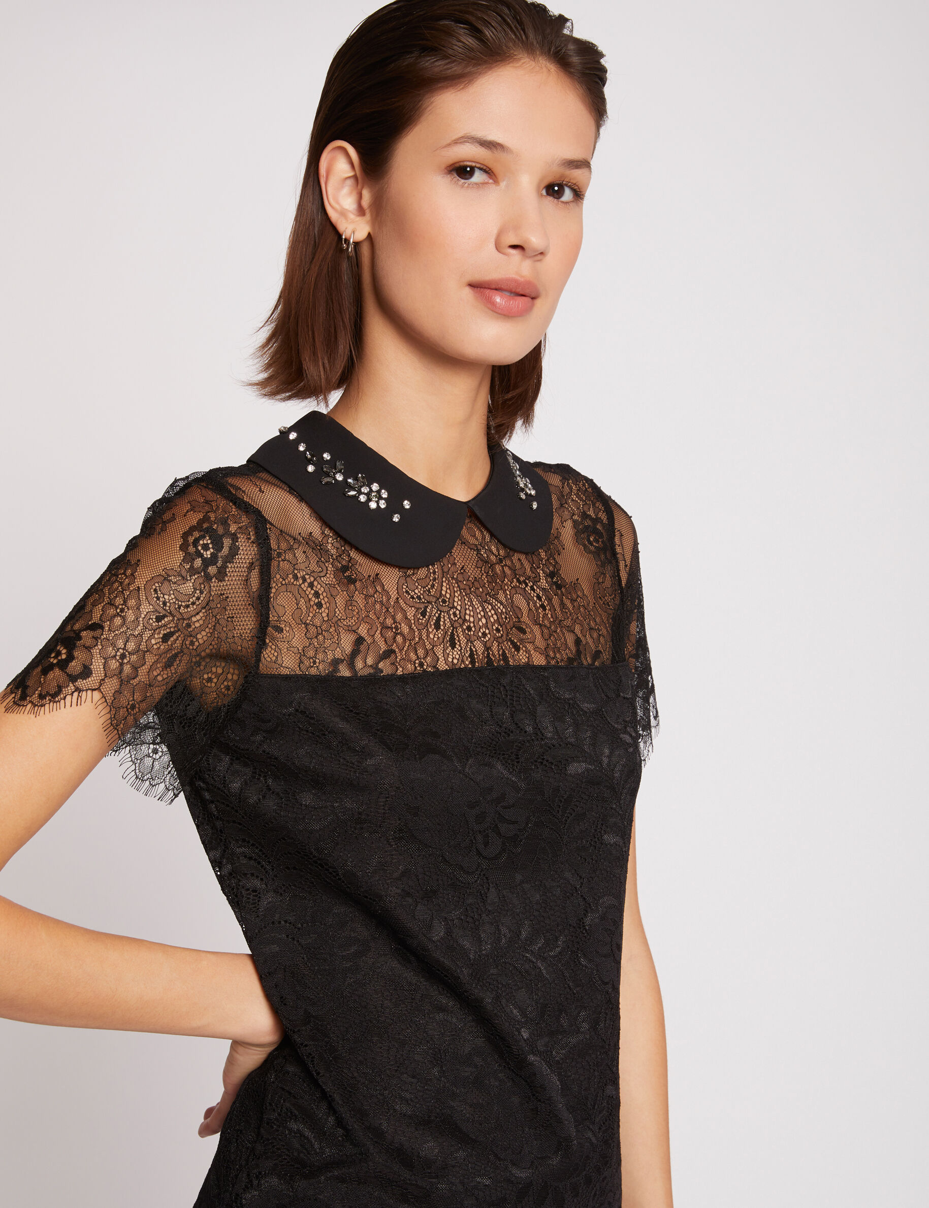 Short-Sleeved Blouse Lace And Slit Black Women