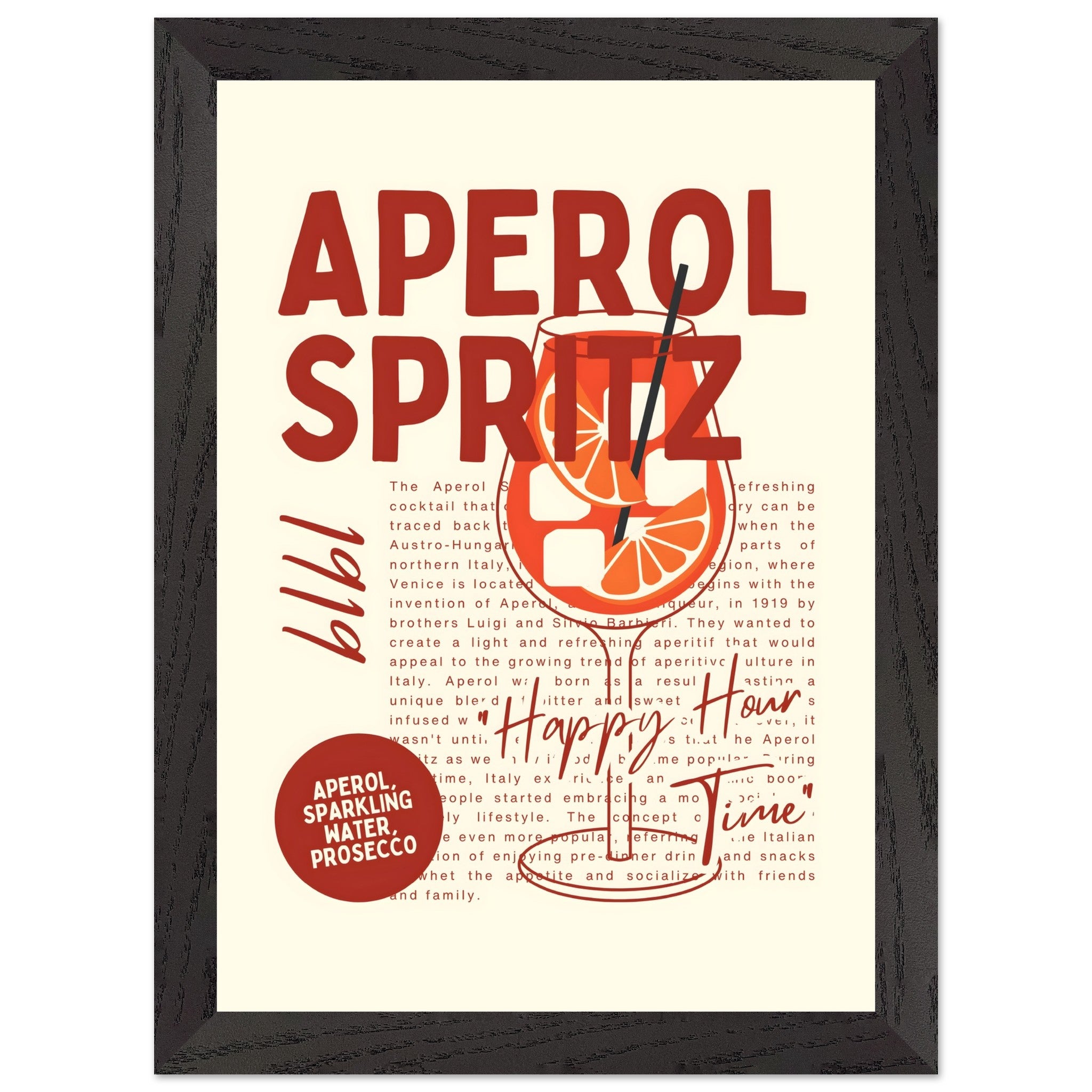 Artfulprints Poster met Lijst Aperol Spritz - Happy hour  - A4 21x29.7 cm - Rood