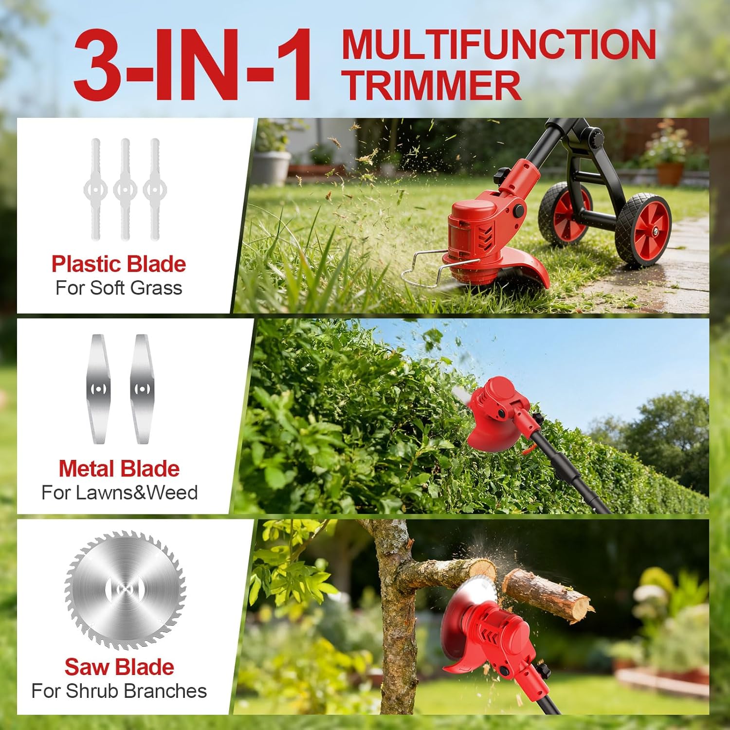 Cordless Weed Wacker, Electric Weed Trimmer with Wheels, 2x2.0Ah 21V Battery Powered Weed Eater, String Trimmer Brush Cutter, 3 Types Blades Lawn Mower Edger Lawn Tool for Garden Yard