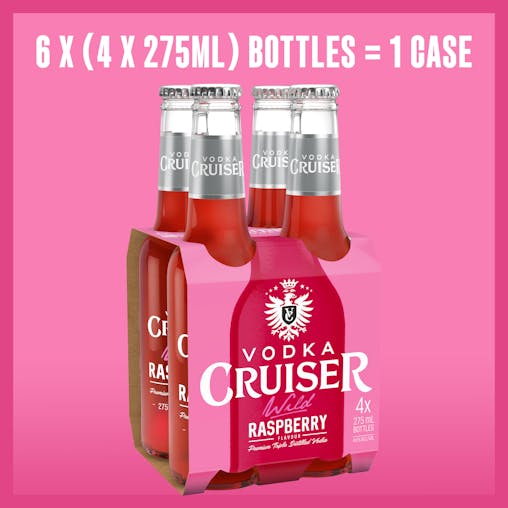 Vodka Cruiser Wild Raspberry, Refreshing Flavoured Pre-Mixed Vodka Drink, 4.6% ABV, 275mL (Case of 24 Bottles)