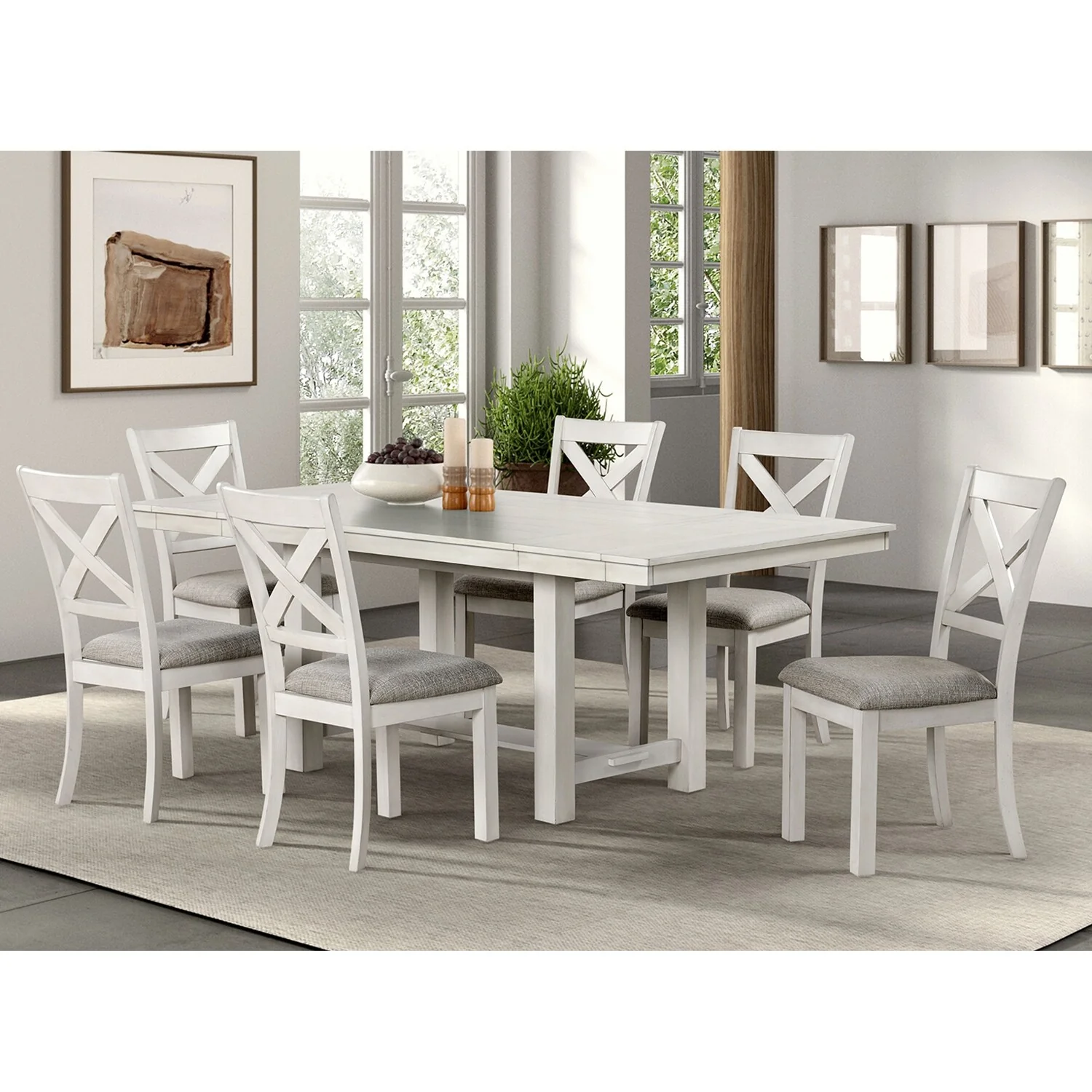 7 Piece Wooden Dining Set with Cross Back Chair in Rustic White Oak