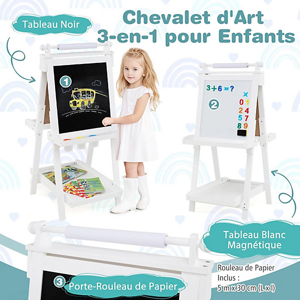 3 en 1 Tableau Enfant Double Face,Hauteur Réglable,avec Tableau Blanc/Noir Magnétique,3 Gobelets à Peinture,3 Plateaux (Blanc)