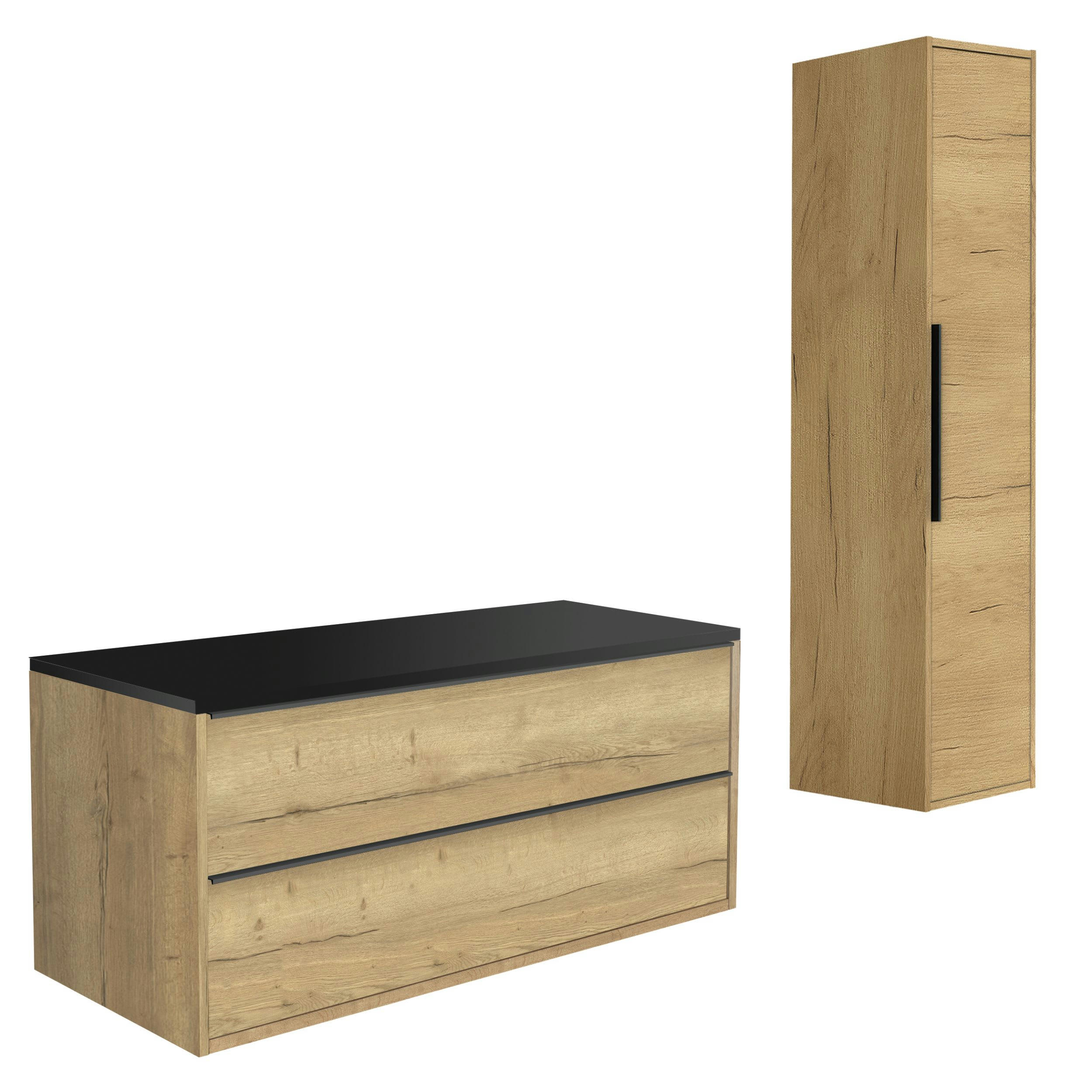 BORDER - Meuble de salle de bain 120cm Chêne PPSM + Colonne