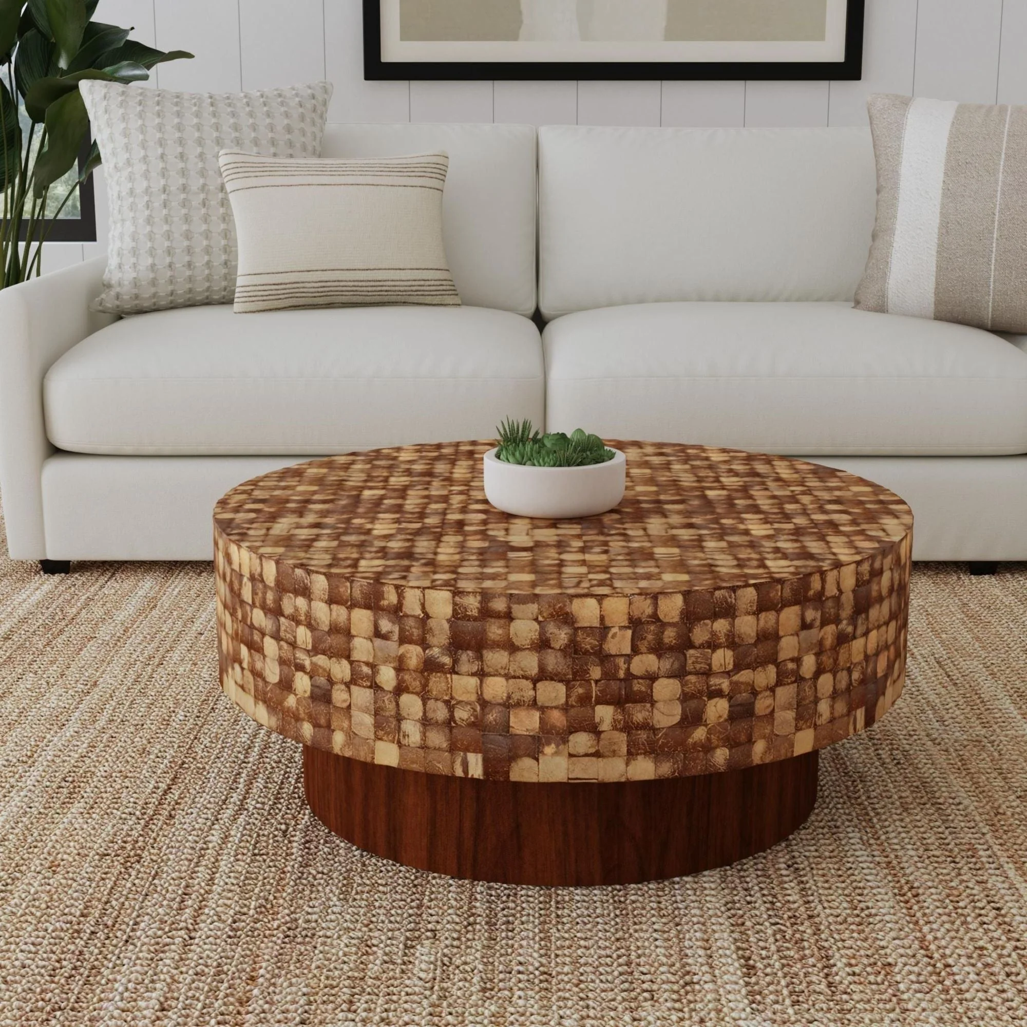 Mila Coconut Shell Round Pedestal Coffee Table by East at Main