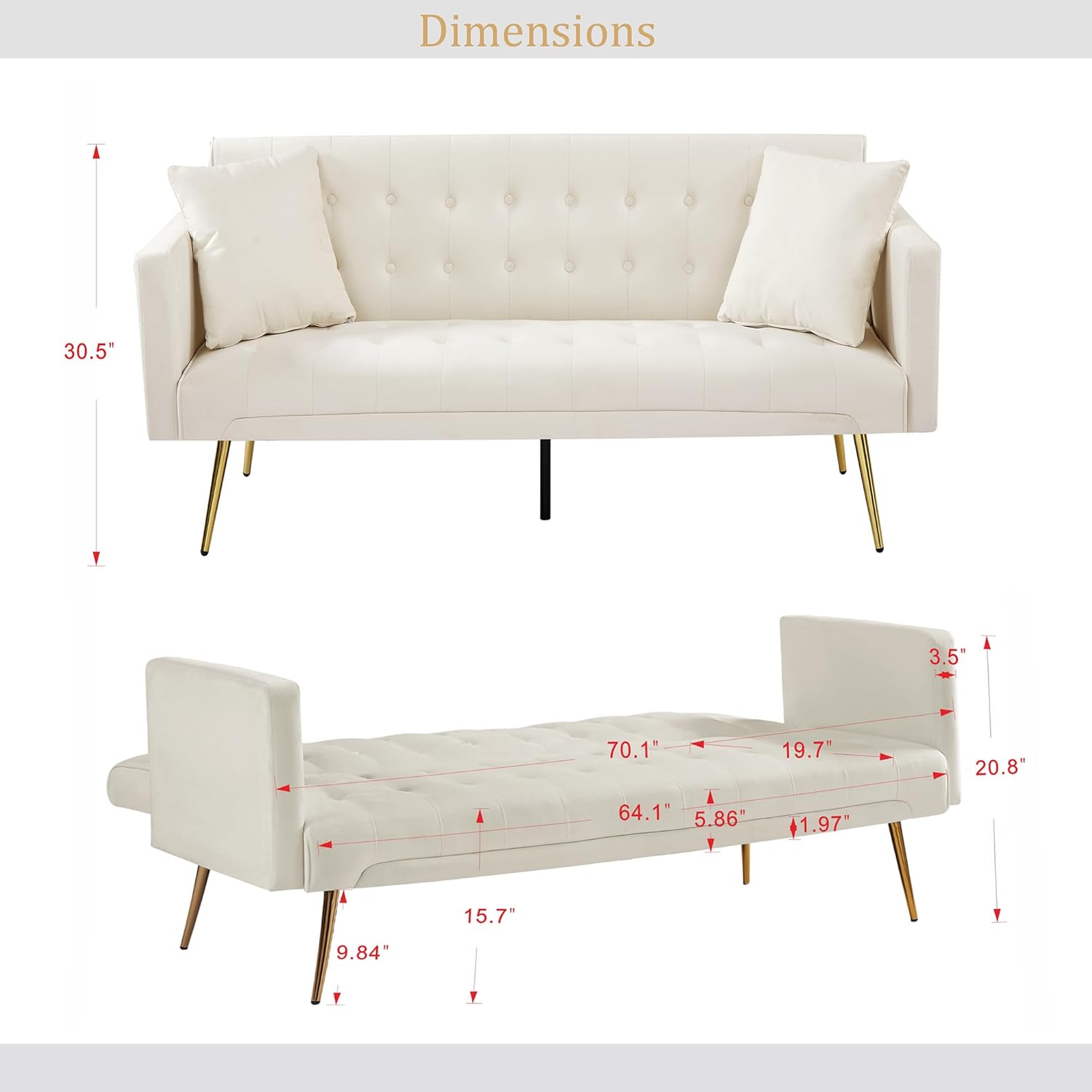72Modern Velvet Sofa Bed Futon,Convertible Folding Sleeper Bed Couches with 3 Adjustable Backrests,Tufted Recliner Loveseat with Golden Chrome Legs for Small Living Room Office (Beige+buttons tufted)
