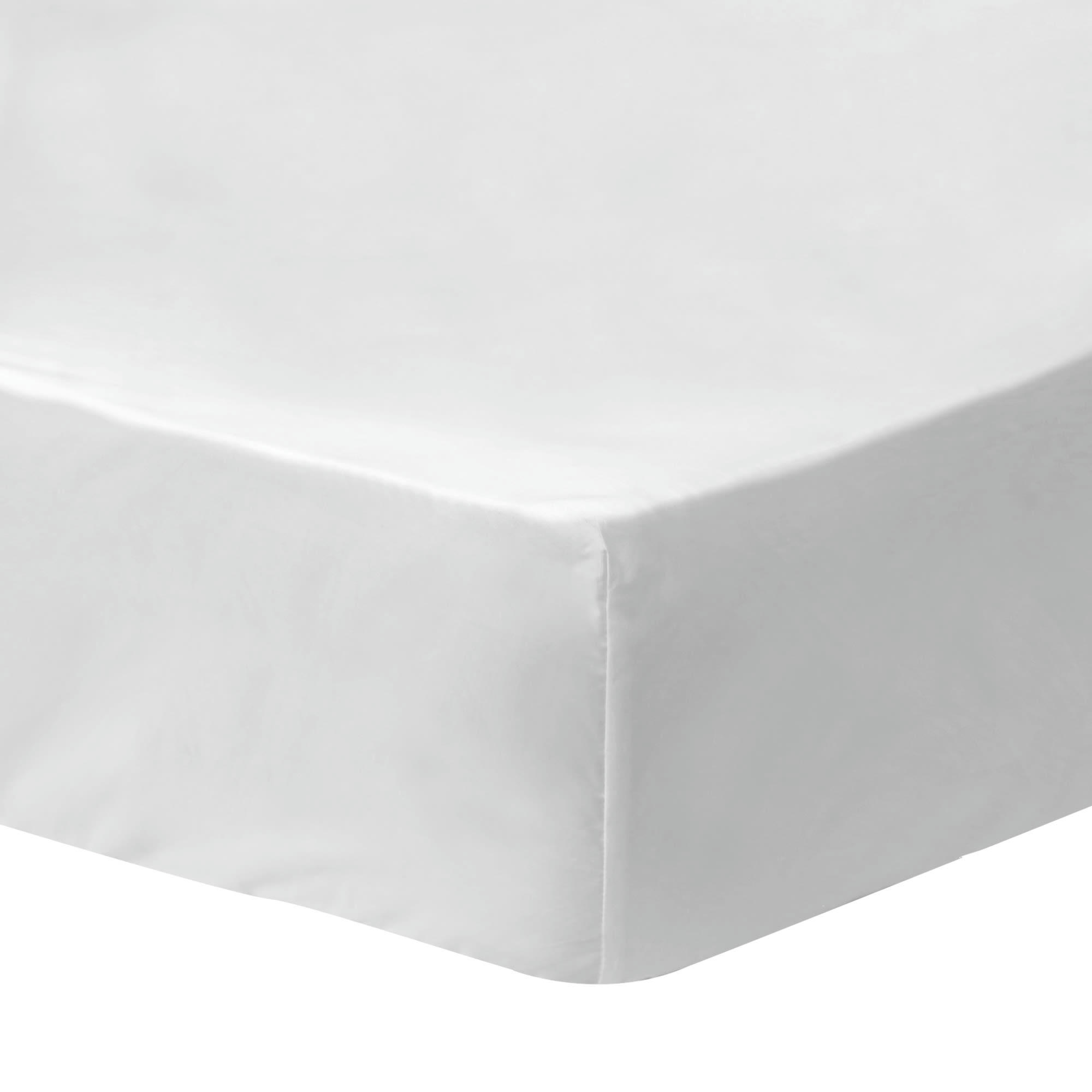COTON LAVÉ - Drap-housse uni en coton lavé Blanc 140x190/200cm - Bonnet 30cm