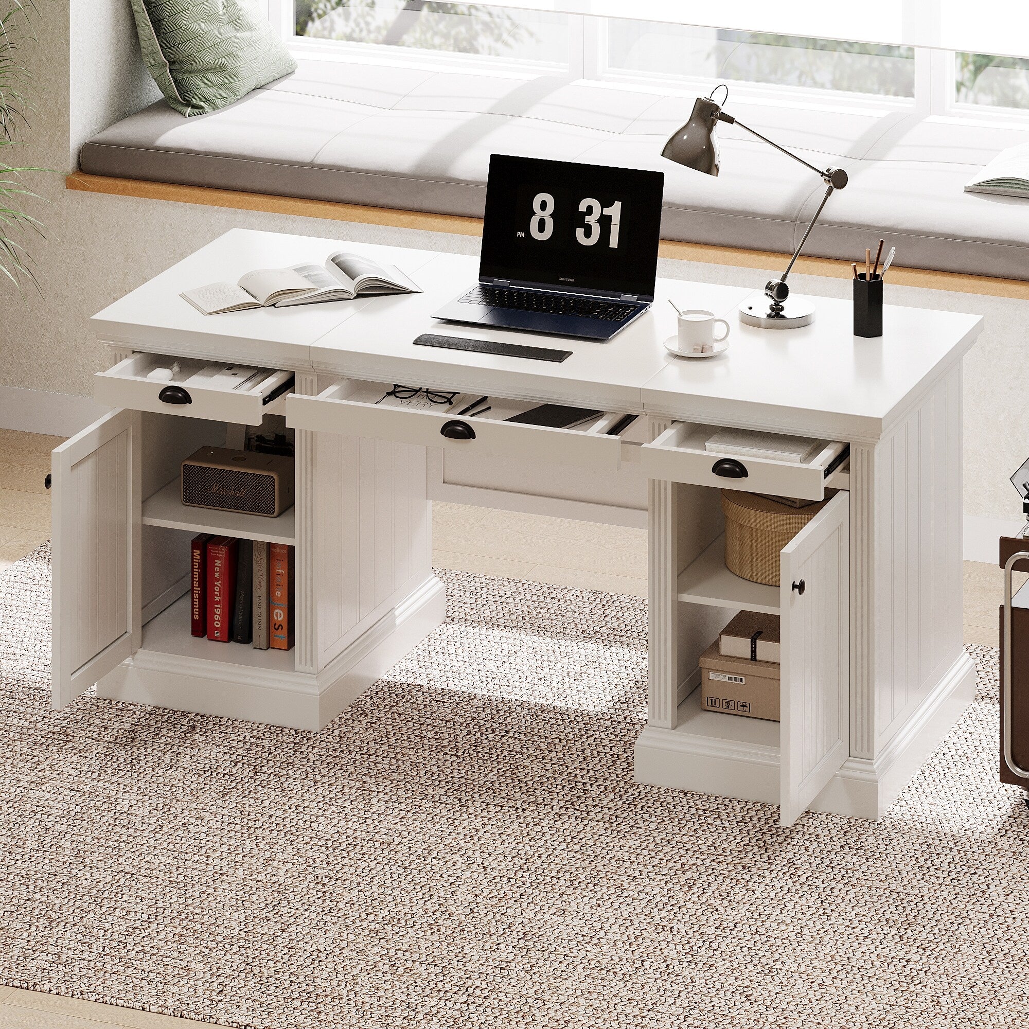 Modern Office Desk with Cabinets & Adjustable Shelves, Executive Desk with Storage Silent Drawers & Vertical Lines Ornament