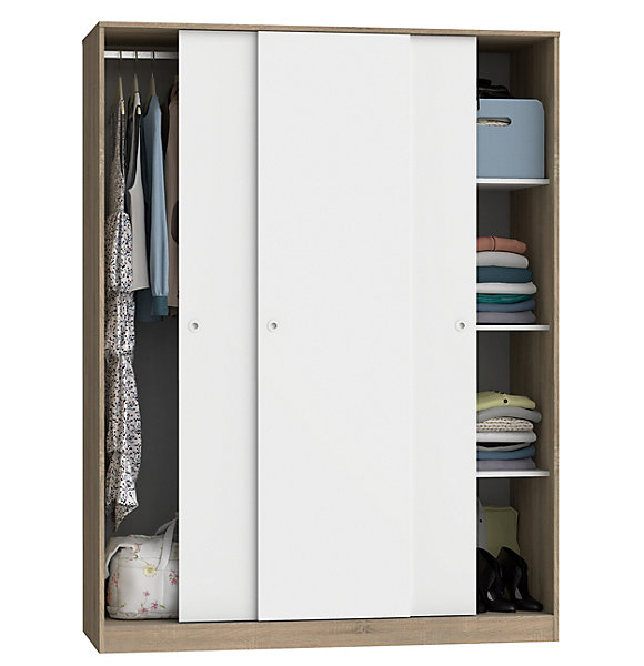 Armoire avec 3 portes coulissantes coloris Cambrian/Blanc - Hauteur 200 x Longueur 150 x Profondeur 55 cm