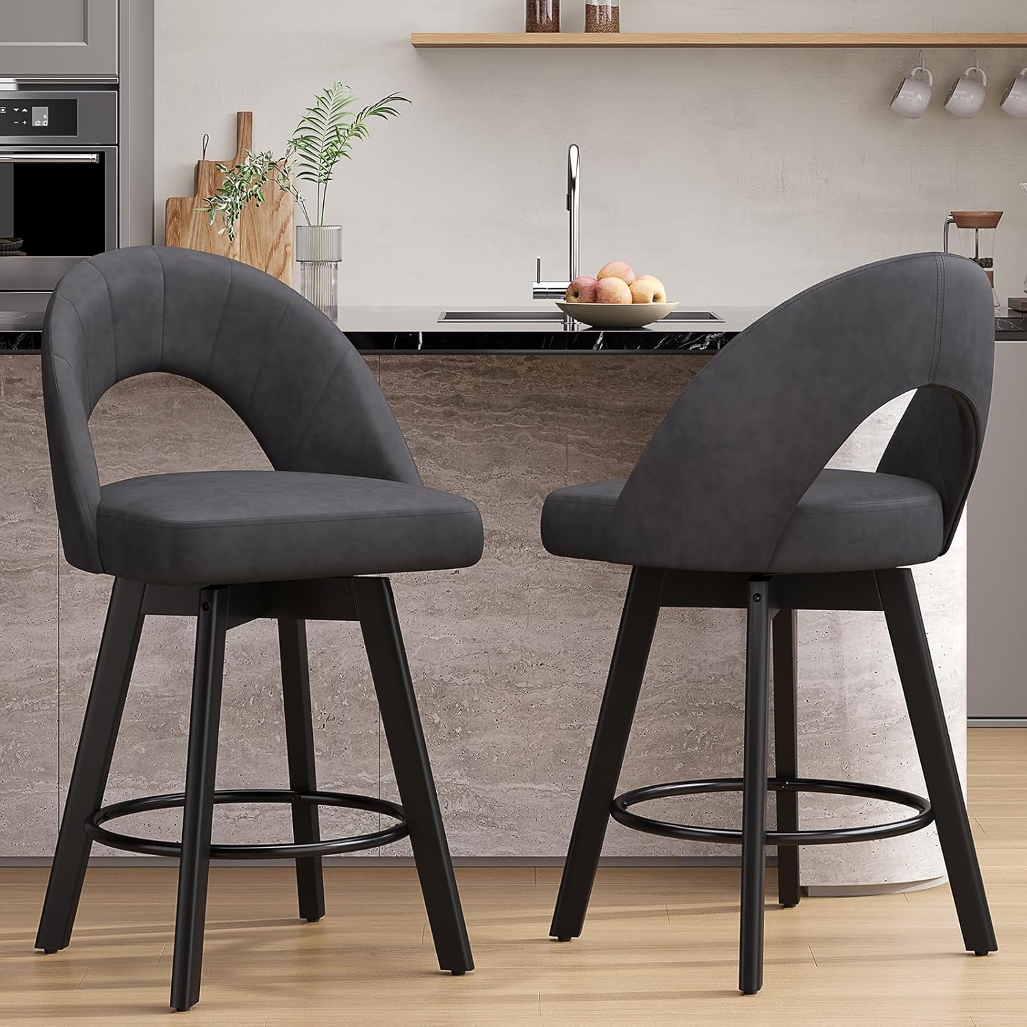 24” Counter Height Bar Stools Set of 2, Modern Swivel Bar Stools with Ergonomic Curved Back, Faux Leather Seat & Solid Wood Legs, Charcoal Grey