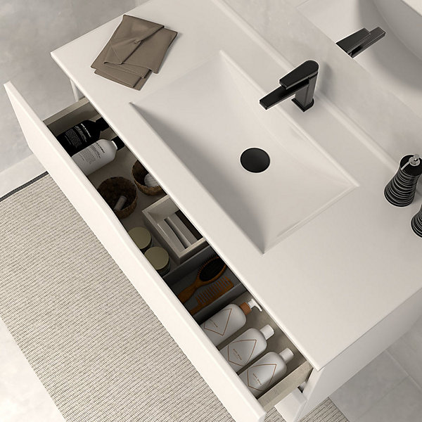 Meuble sous vasque seul, 2 tiroirs, 100cm, simple vasque - blanc mat - LUNA