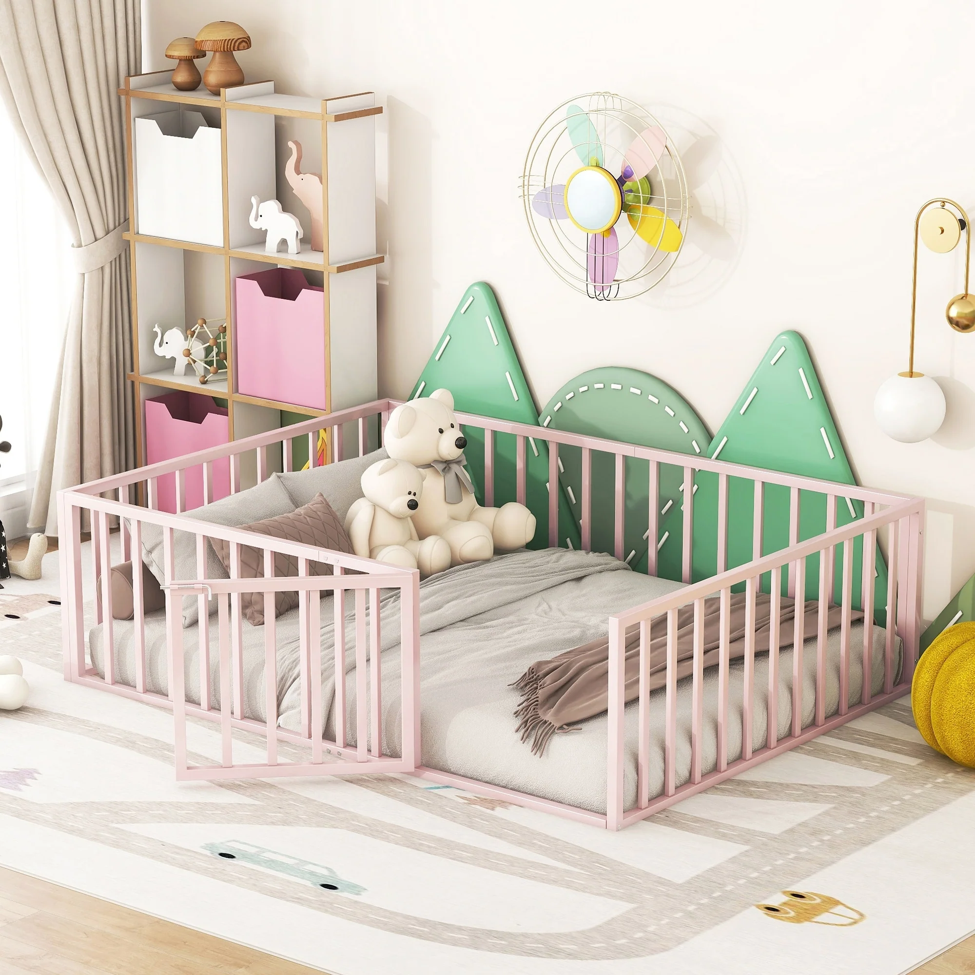 Elegant Twin Floor Bed Frame with Opening Door, Metal Design for Kids Room