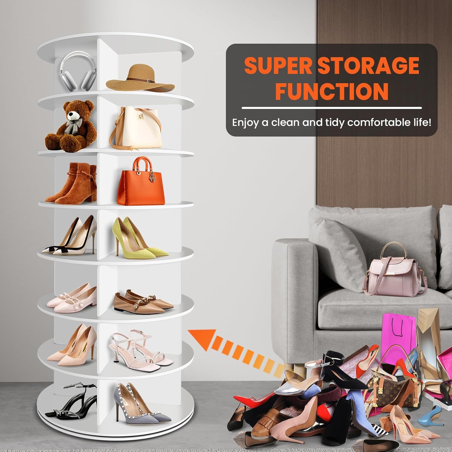 RUNSUNSPRI 7 Tier Rotating Shoe Rack Corner Organizer 360°Rotating Shoe Rack Tower Spinning Shoe Rack Tower for Bedroom Entryway Closet Holds 28-32 Pairs of Shoes Handbags Hats Display Decor