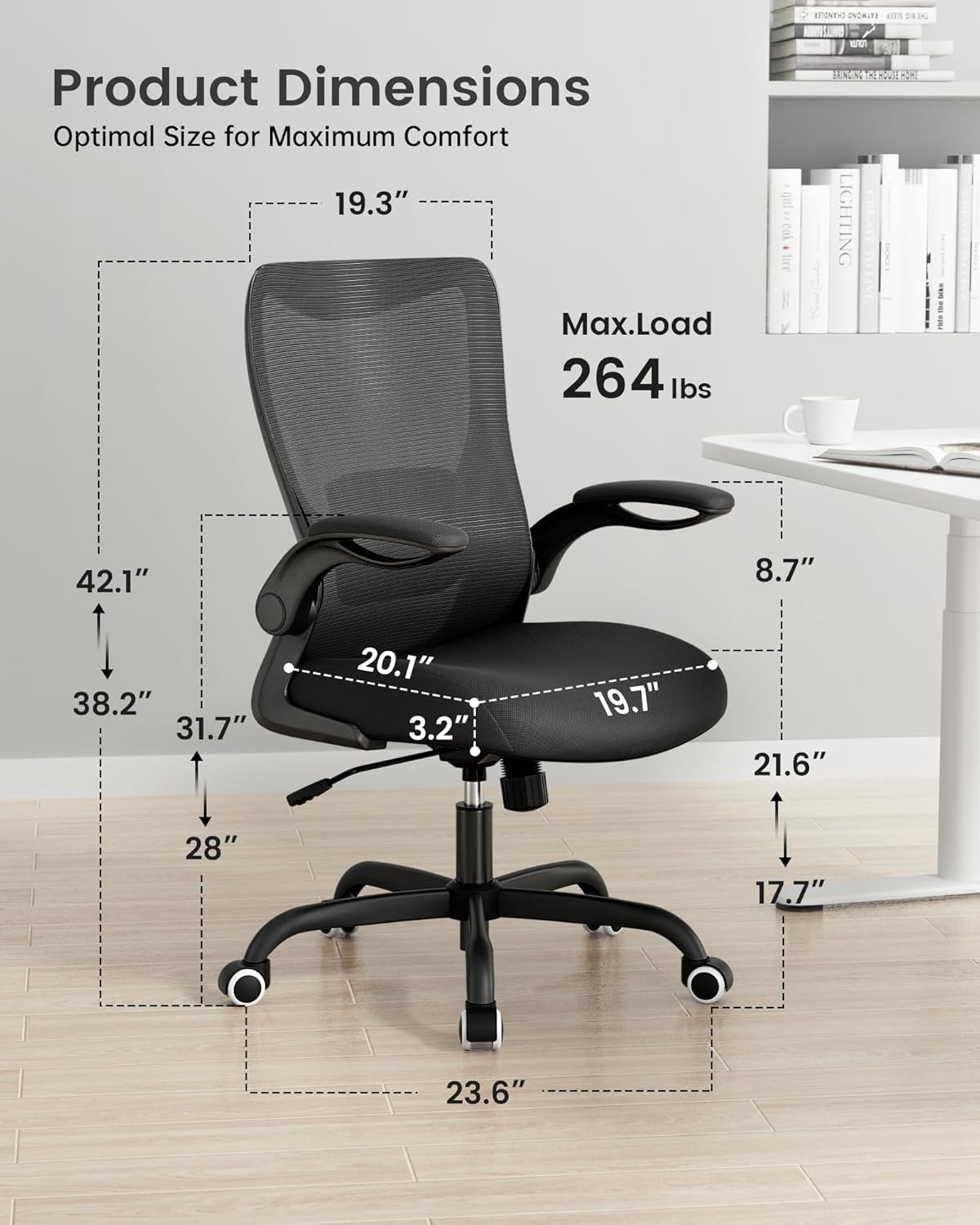 MUXX.STIL Office Chair, Ergonomic Desk Chair with Adjustable Lumbar Support and Flip up Armrest, Breathable Mesh Computer Chair for Home Office, Black