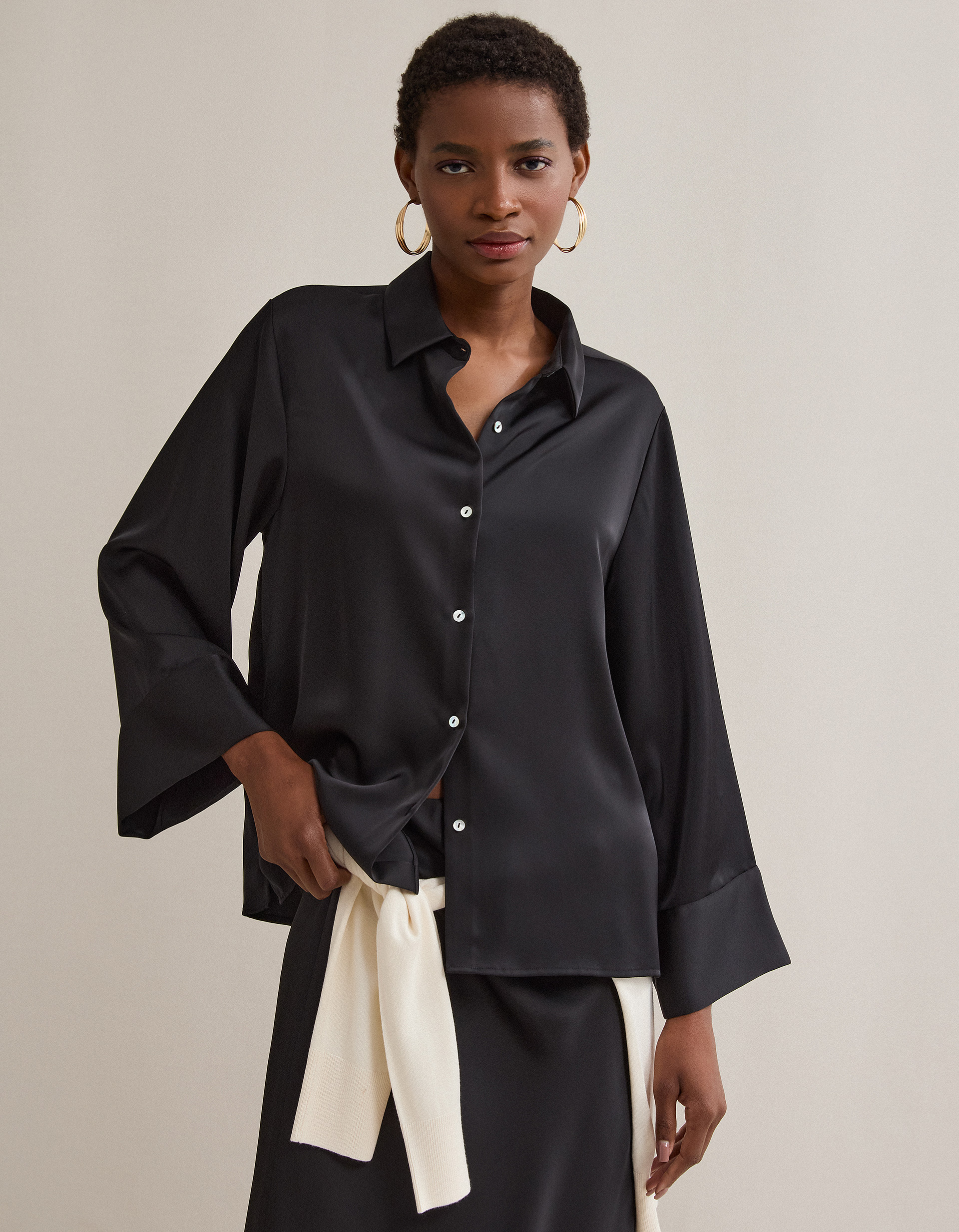 Camisa Acetinada, Mulher, Preto