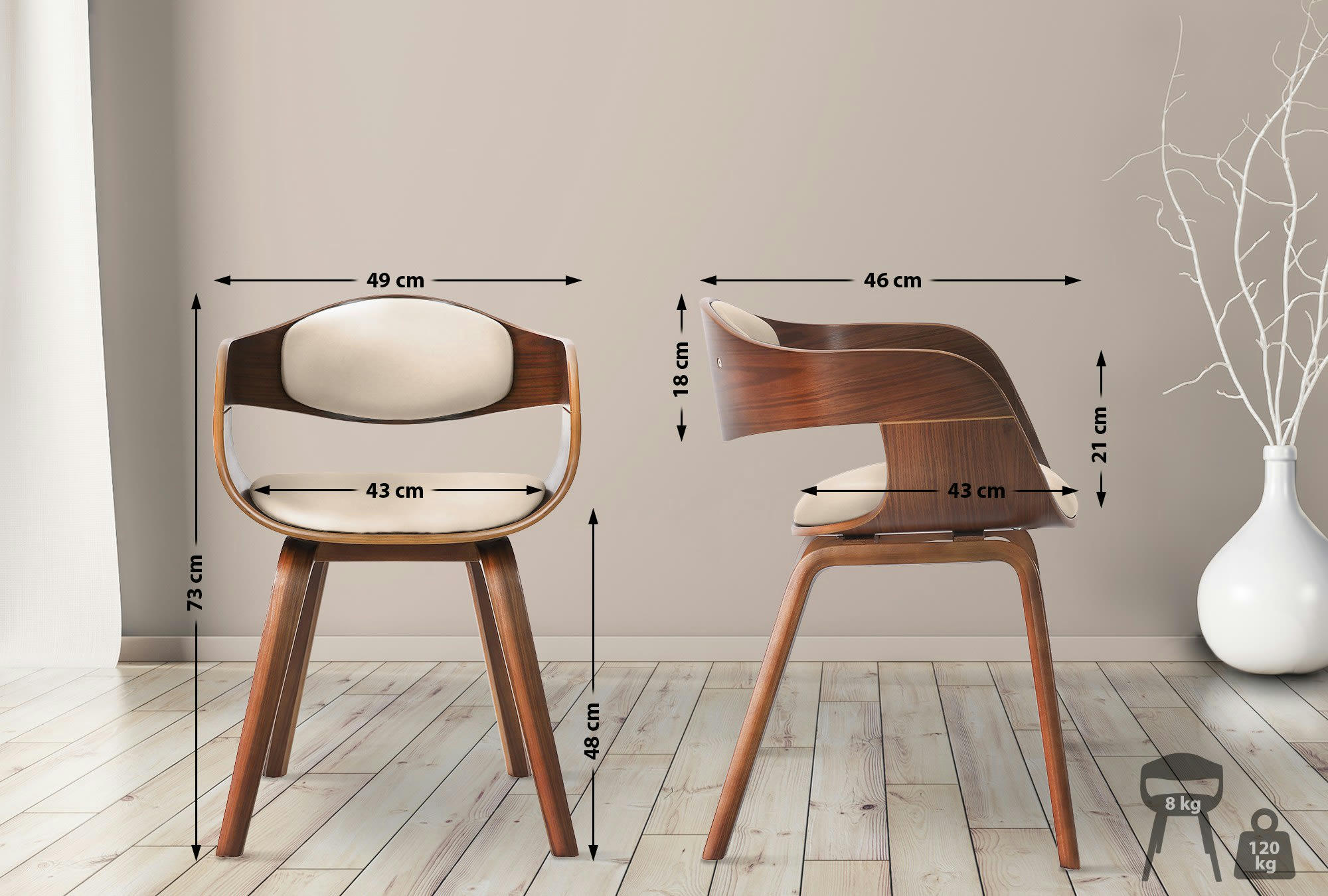 KINGSTON - Lot 2 chaises avec pieds en bois assise en similicuir Noyer / Crème