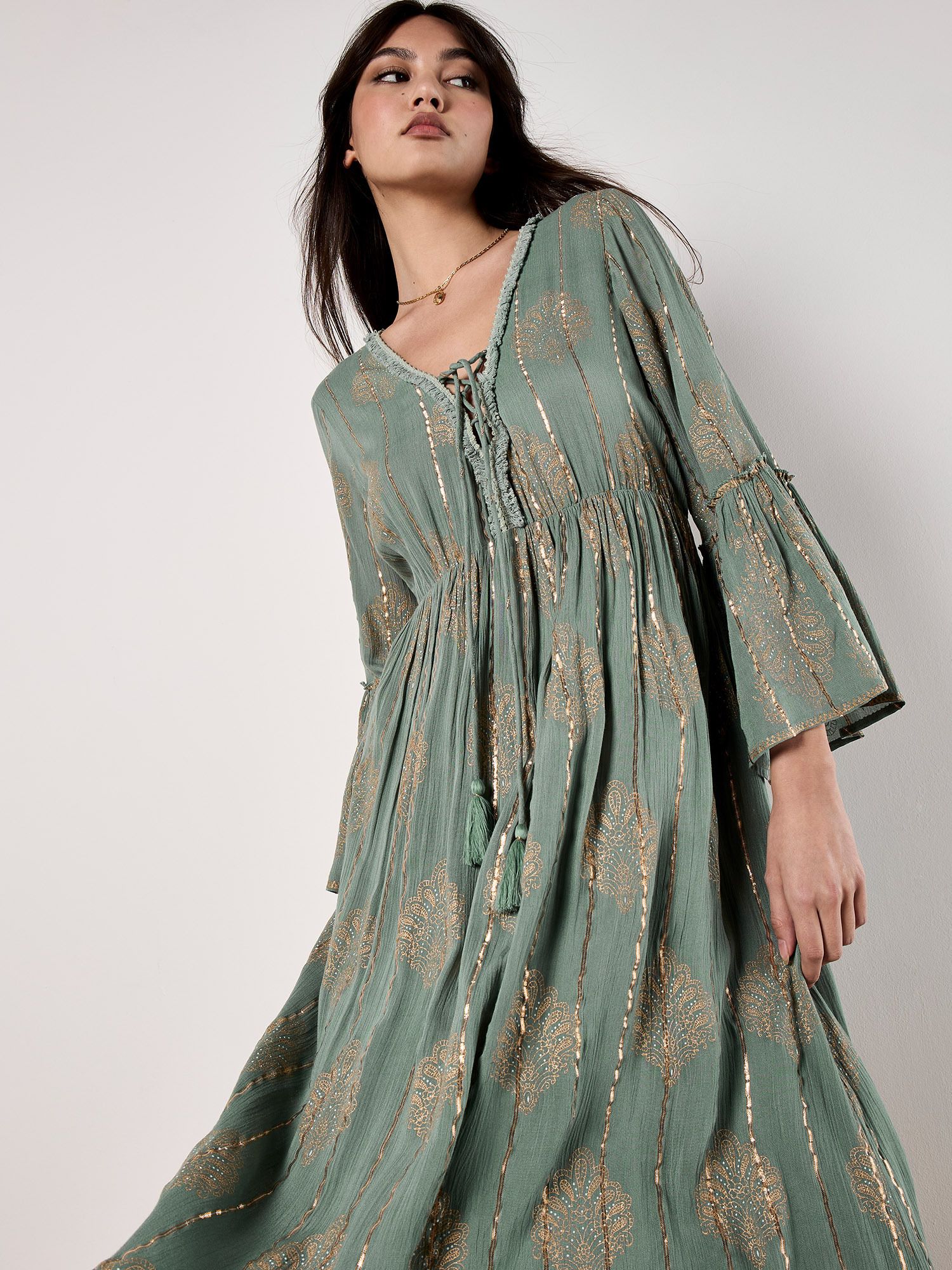 Apricot Metallic Paisley Boho Maxi Dress