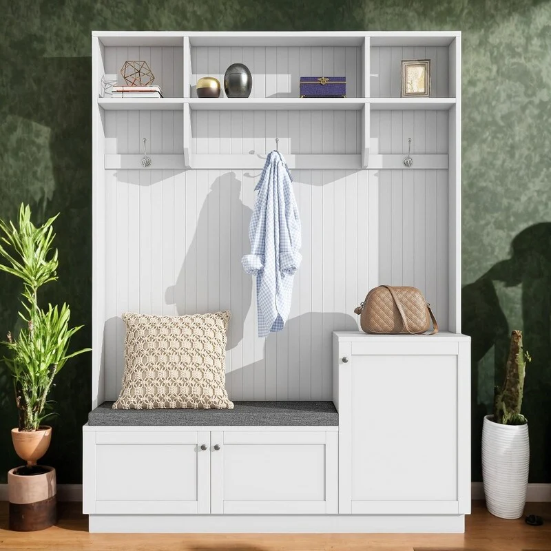Modern Hall Tree with Storage Solutions, White