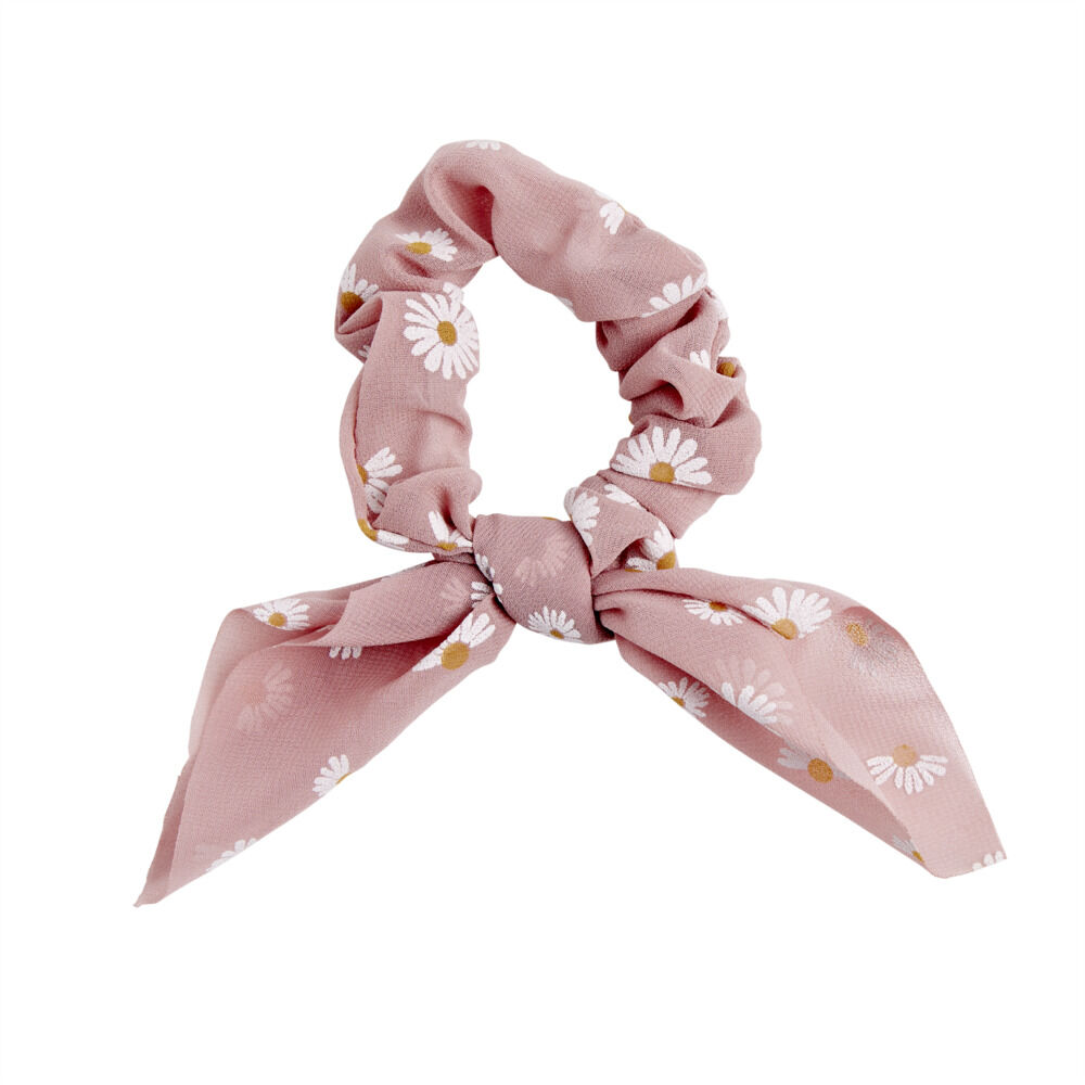 Chouchou en tissu motif fleur avec noeud court Ø7xH4cm (2 modèles)