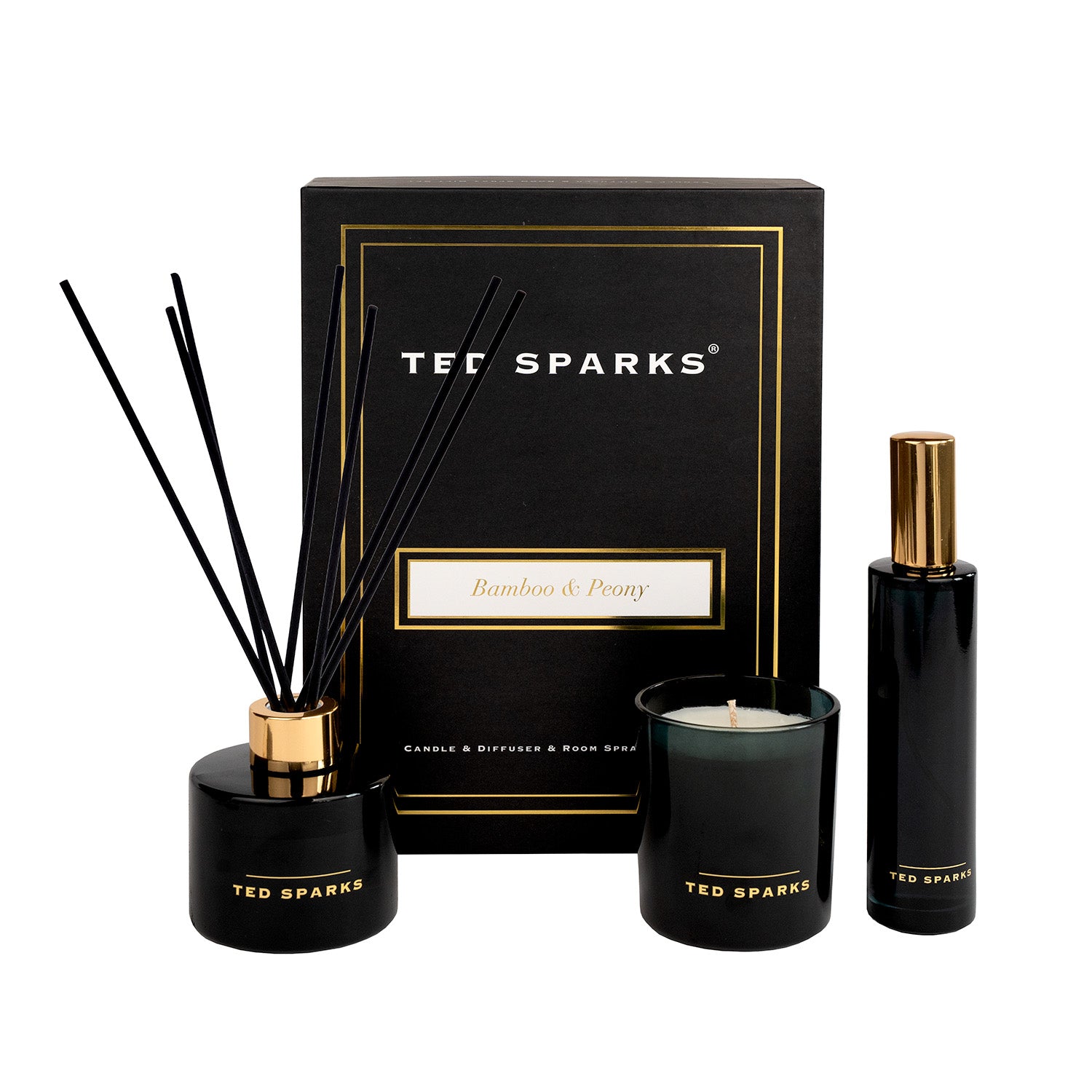 Ted Sparks Kaars, Geurstokjes & Roomspray Gift Set L - Bamboo & Peony