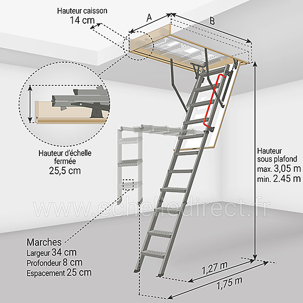 Echelle escamotable en métal - Trémie de 60 x 130cm - Hauteur de 2.45 à 3.05m - LMK60130-3