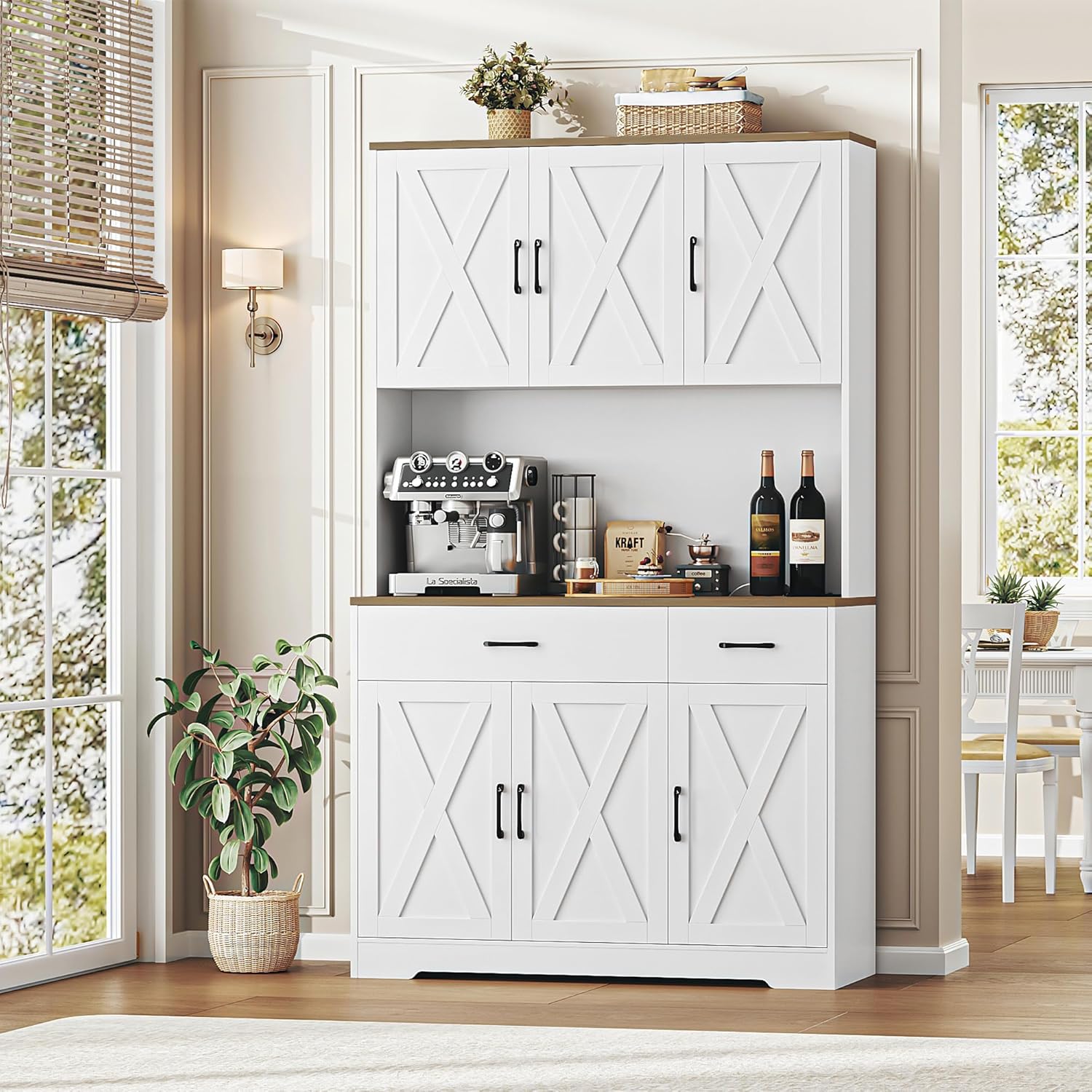 HOSTACK 71 Pantry Cabinet with Charging Station, Tall Kitchen Pantry Storage Cabinet with Microwave Stand, Farmhouse Kitchen Hutch with Storage Drawers for Living Room, Dining Room, White