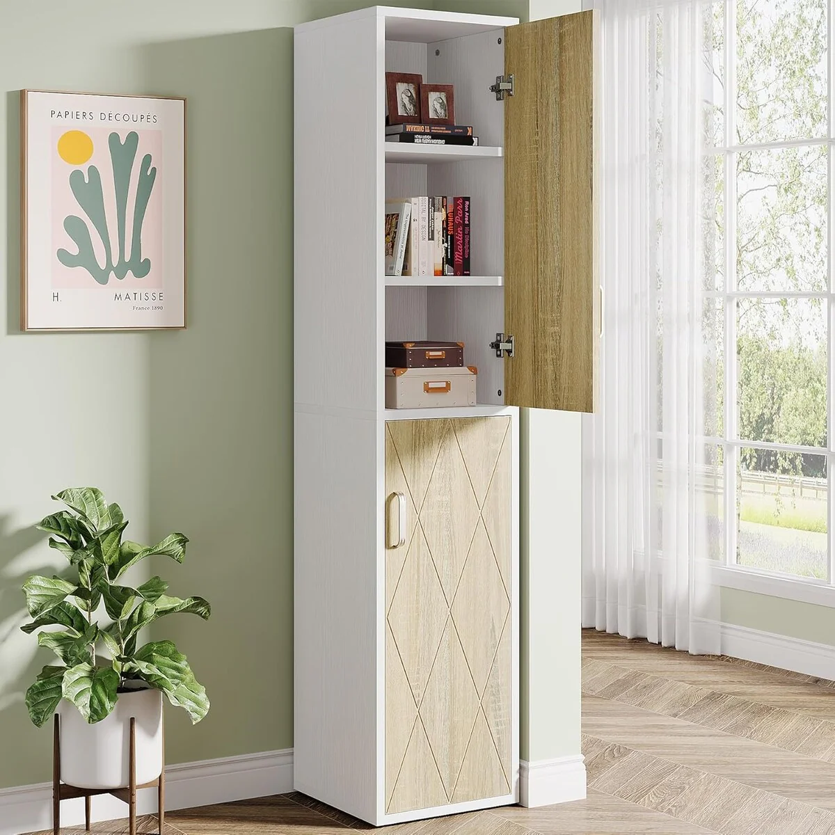 75.39-Inch Wood Storage Cabinet, Tall Floor Cabinet with 2 Doors and 6 Shelves