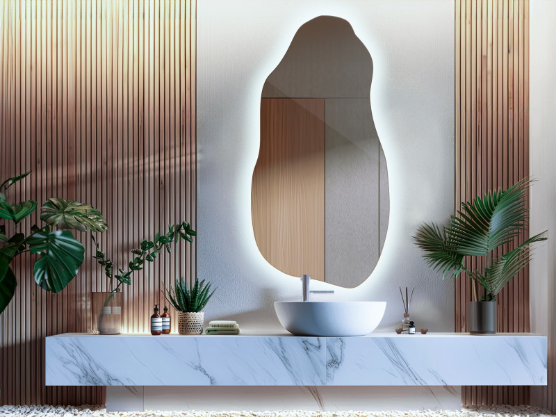Ozdobne lustro LED do salonu o nieregularnej formie 40 cm x 80 cm