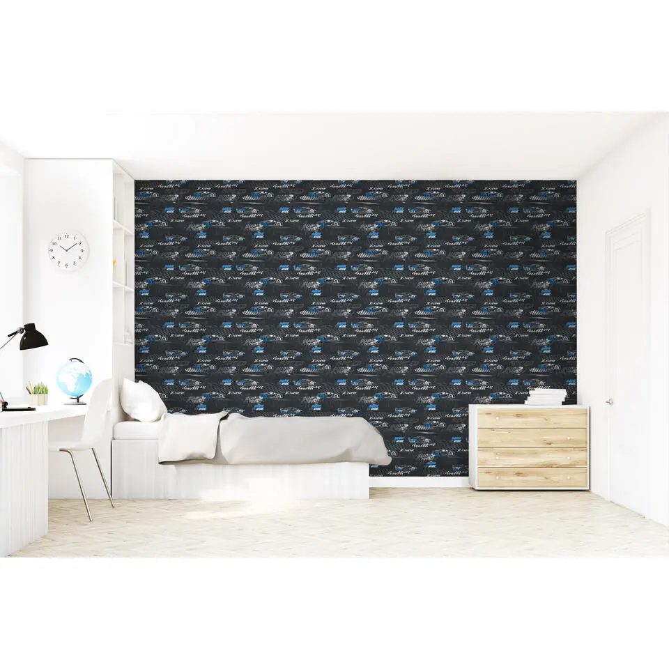 Sanders & Sanders behang race auto's blauw en zwart wit - 50 x 900 cm