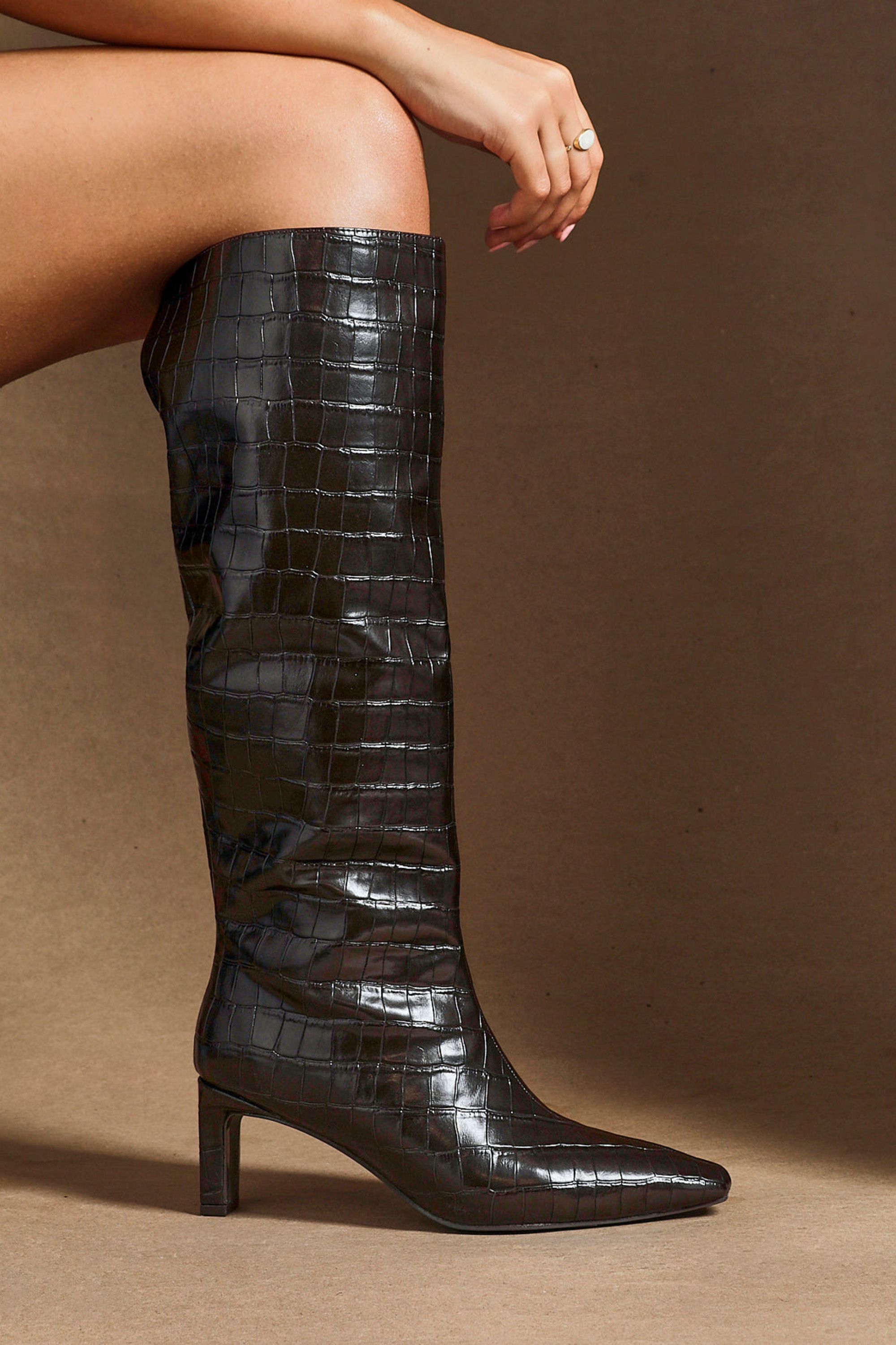 Linzi Uptown Brown Faux Croc Knee High Boot