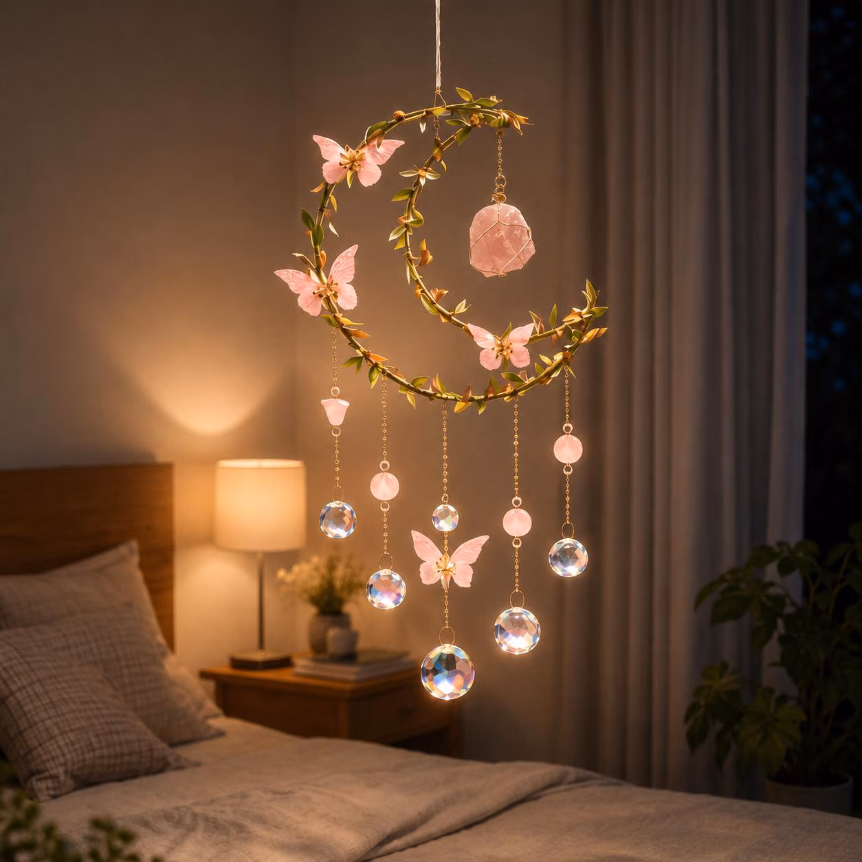 Handmade Boho Moon Suncatcher with Butterfly & Pink Flowers, Crystal Sun Catcher Window Hanging, Botanical Gift for Mom Grandma Her