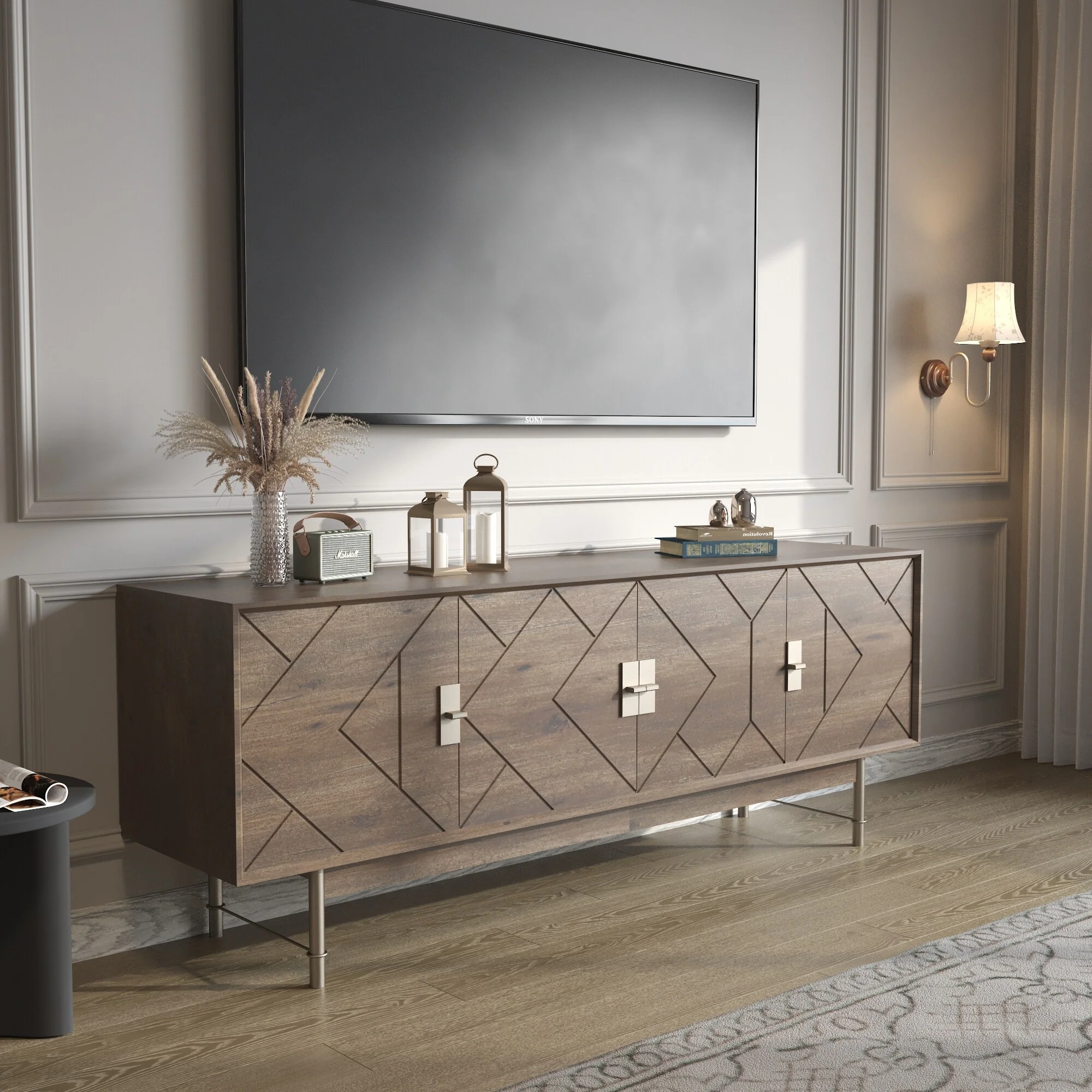 66 TV Stand for 55 60 inch TV, Entertainment Center with Storage Cabinet, Mid Century Modern Media Console Table