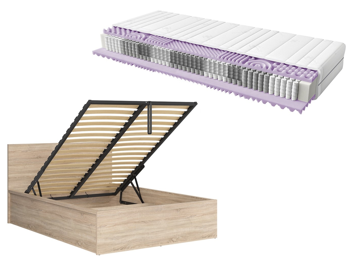 Zestaw łóżko Tetrix dąb sonoma ze stelażem i materac Mimas 140x200