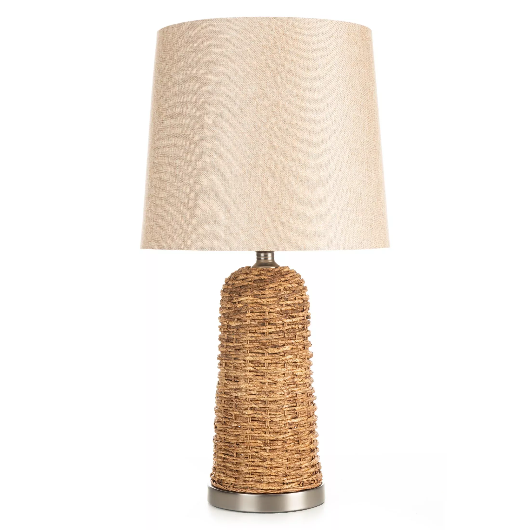 Lampa stołowa do kuchni beżowa, jasnobrązowa ARLO w stylu boho z plecionej podstawy i matowego abażuru