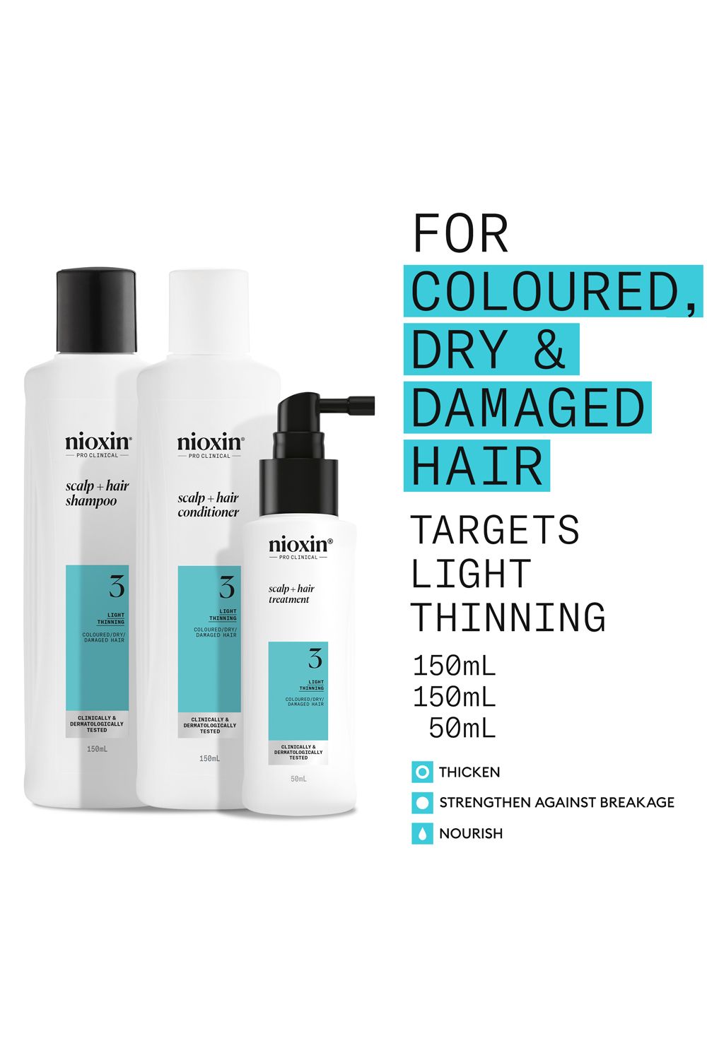 Nioxin Scalp   Hair Thickening System 3 for Coloured, Dry and Damaged Hair with Light Thinning, Trial Kit