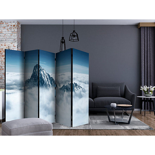 Paravent 5 Panneaux Paysage Alpin et Nuages Apaisants 225 x 172 cm Blanc et Bleu
