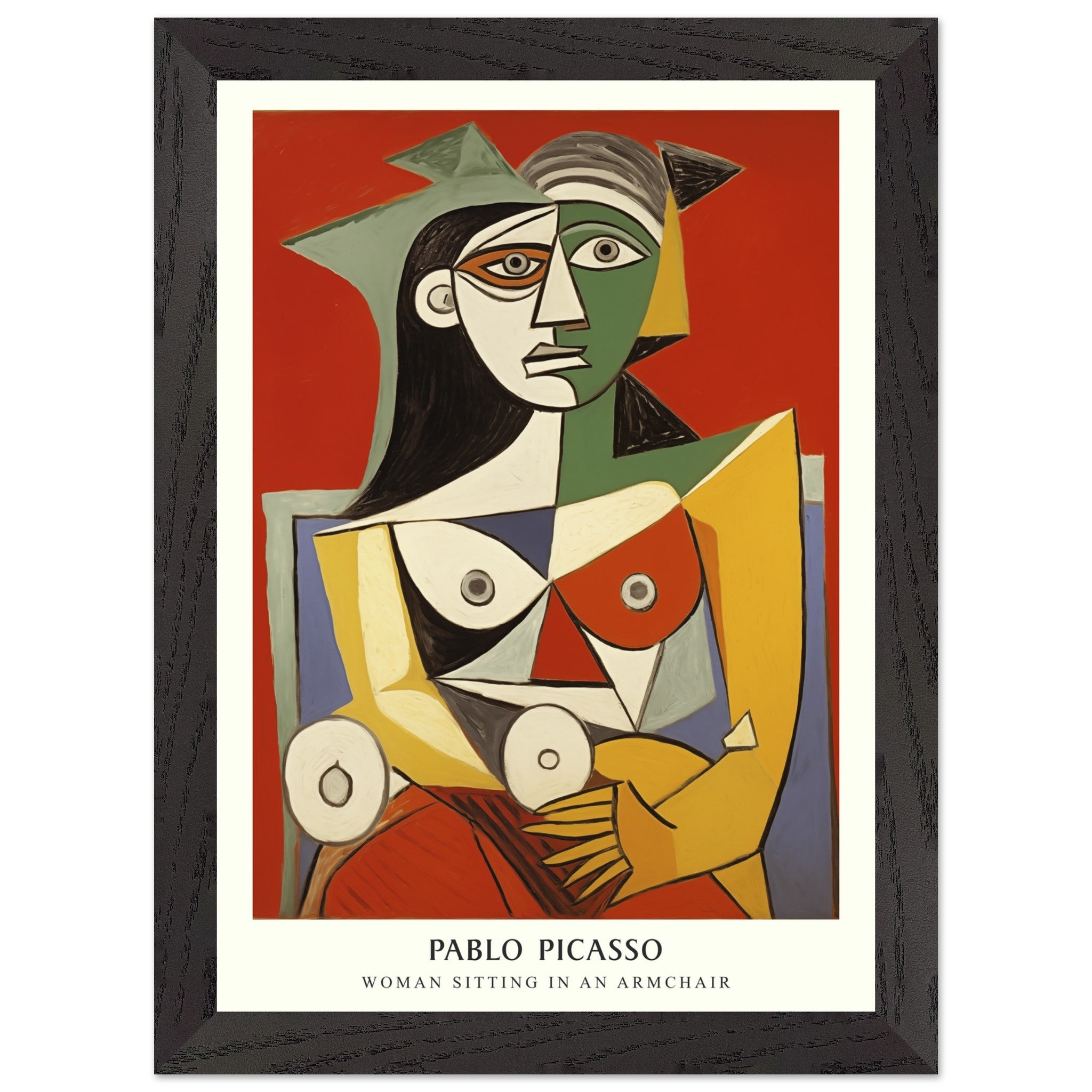 Artfulprints Poster met Lijst Pablo Picasso - Woman sitting in an armchair  - A4 21x29.7 cm - Rood