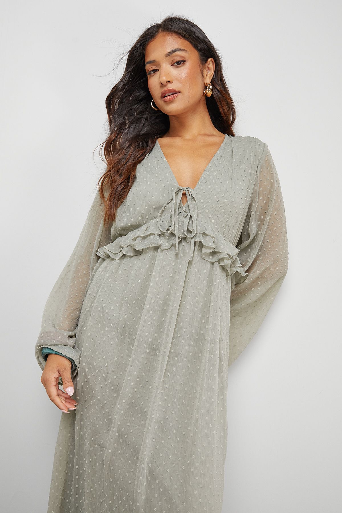 Warehouse Petite Dobby Chiffon Plunge Neck Ruffle Midi Smock Dress