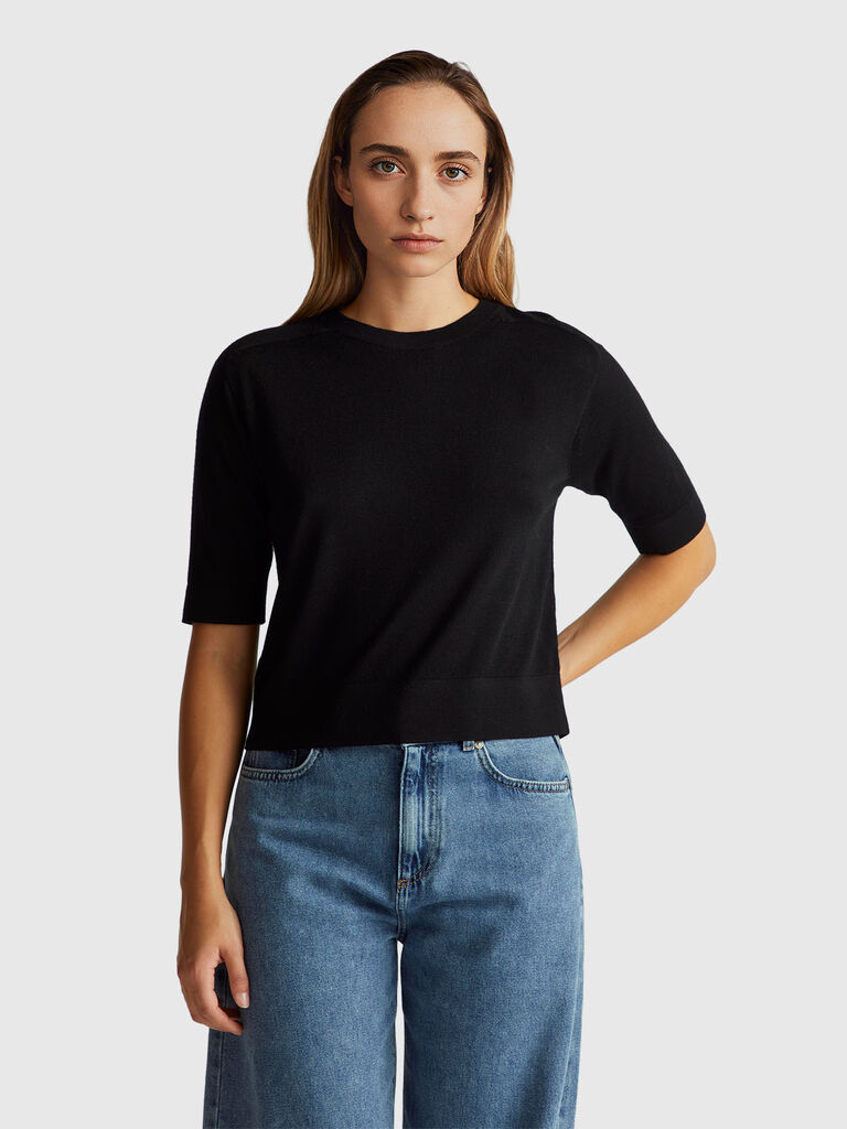 Short sleeve sweater in pure Merino wool