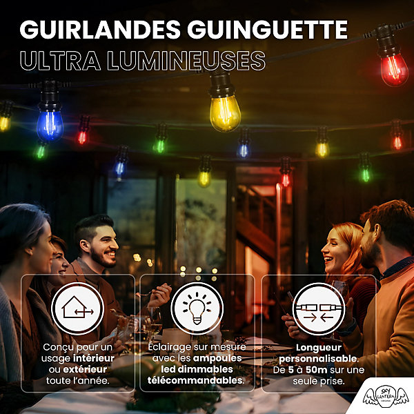 Guirlande Guinguette 100M Filament Multicolore LED 200 Bulbes