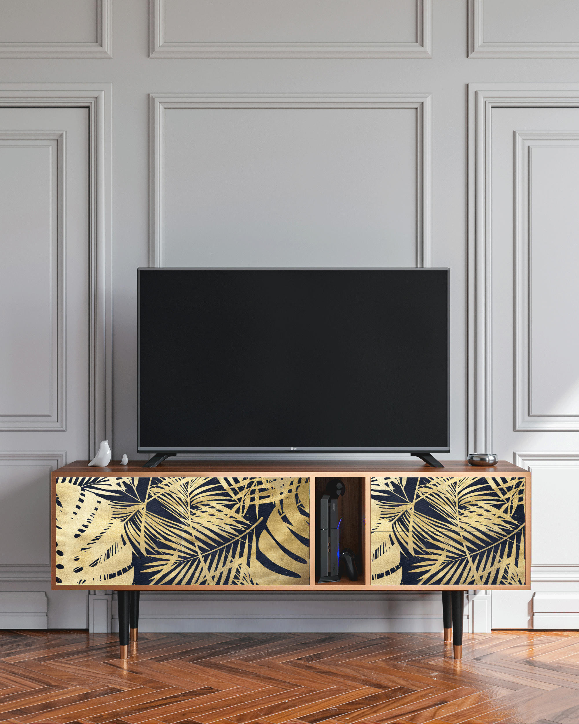 JUNGLE VIBES - Meuble TV  bleu et jaune 2 tiroirs et 2 portes L 170 cm
