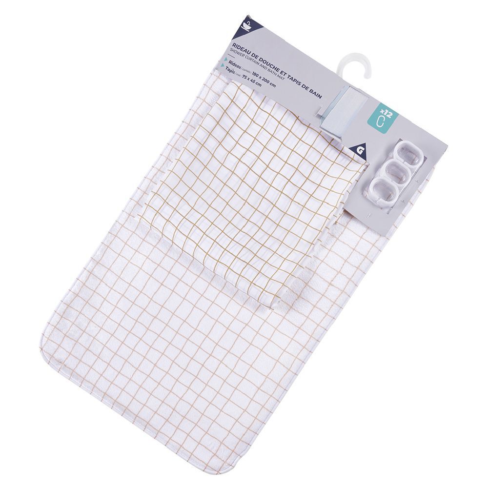 Rideau de douche 180xH200cm avec tapis de bain 75x45cm blanc