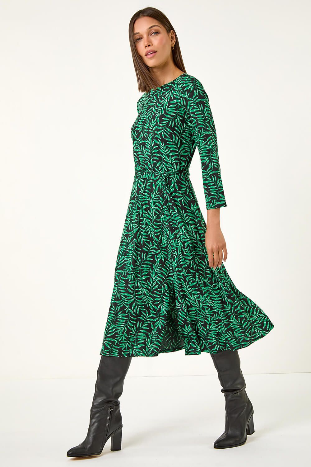 Roman Leaf Print Stretch Belted Dress