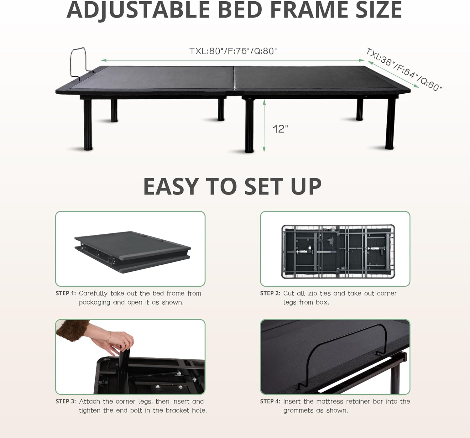 Twin XL Adjustable Bed Base Frame and 12 inch Green Tea Memory Foam Mattress, Electric Bed Base Wireless Remote, Zero Gravity Bed, Head and Foot Incline, Anti-Snore,Easy Assembly