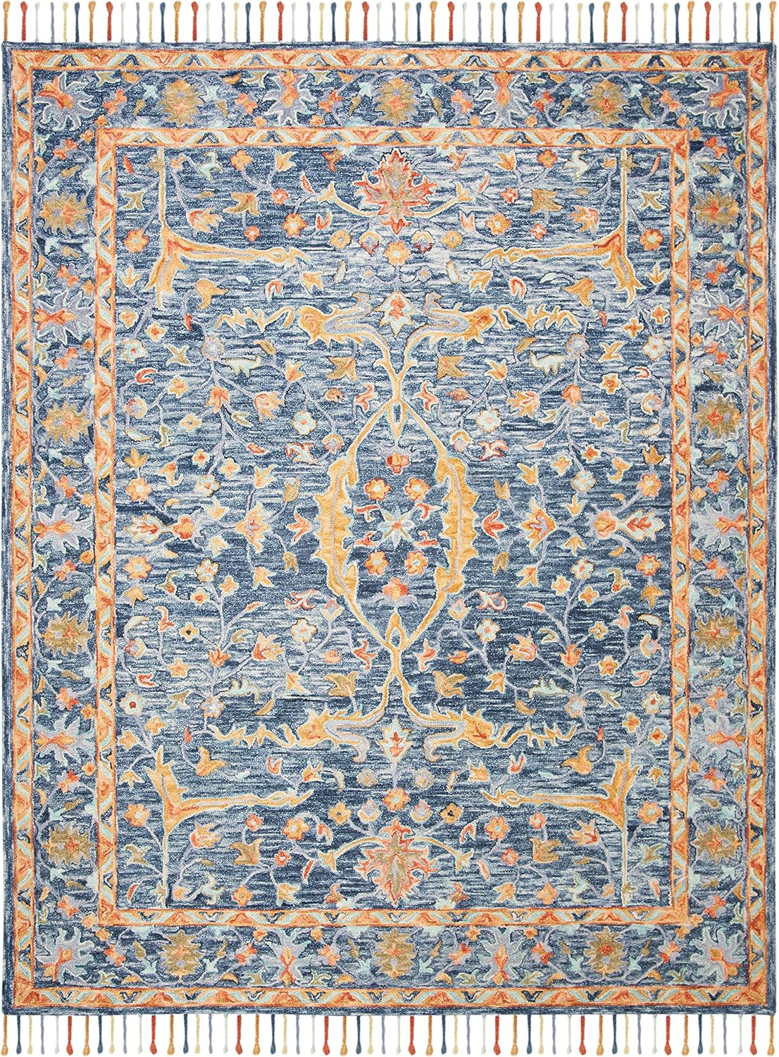 SAFAVIEH Aspen Collection Area Rug - 9' x 12', Blue & Rust, Handmade Boho Braided Tassel Wool, Ideal for High Traffic Areas in Living Room, Bedroom (APN116M)