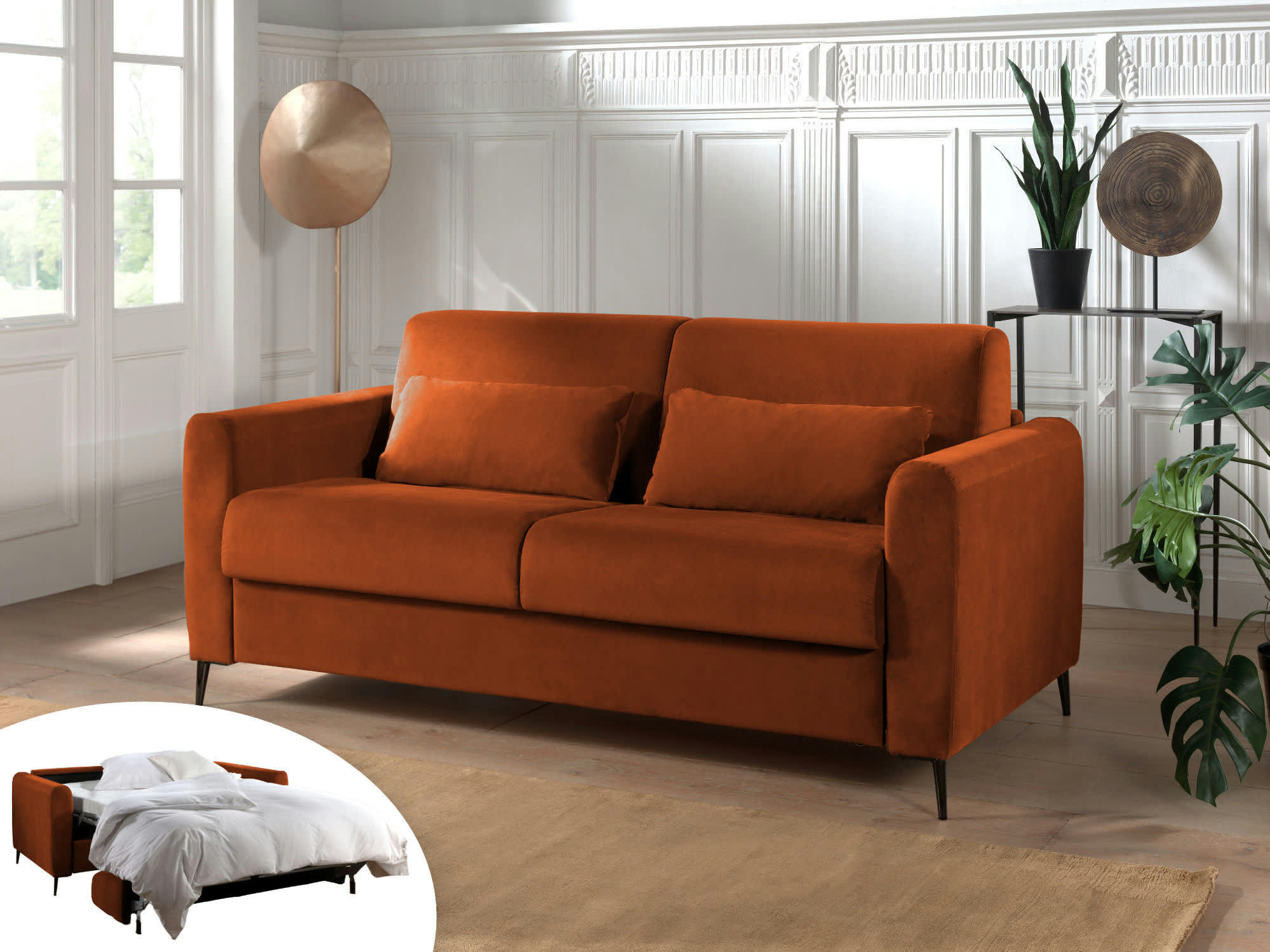 OWEN - Canapé droit convertible 3 places en velours rouille