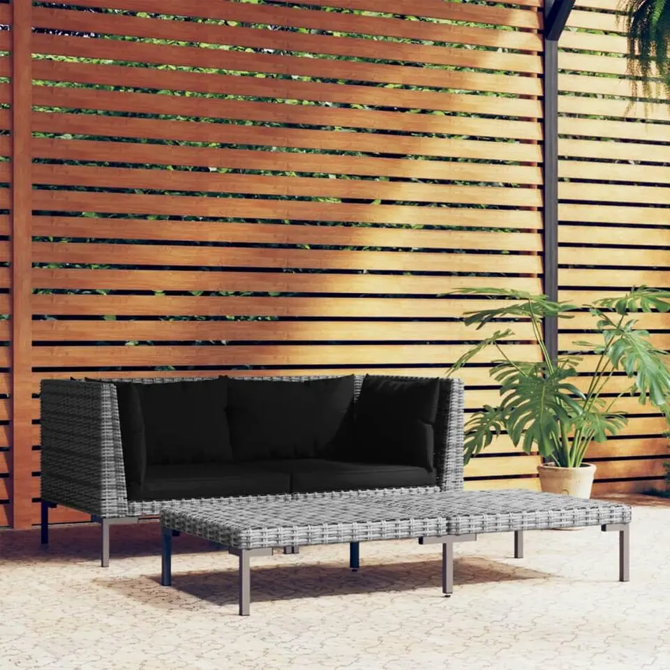 vidaXL - Loungeset - Grijs - Poly rattan - 3 stuks - Met kussens