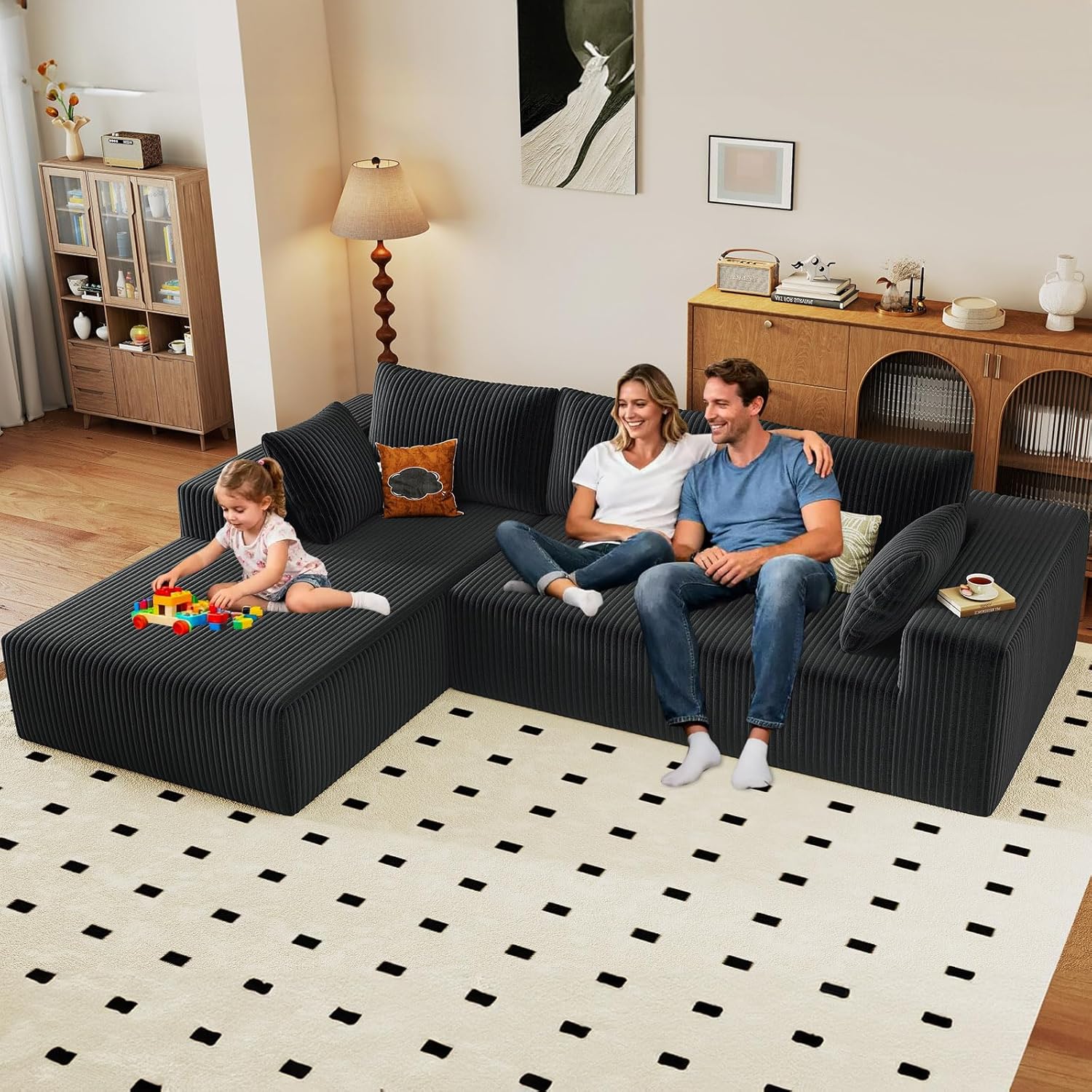96 Modular Sectional Couch, Boneless L Shaped Cloud Sofa with Chaise Lounge, Corduroy Upholstered Couches Memory Foam Deep Seat, No Assembly Required, Ideal for Living Room(Black, Left Facing)