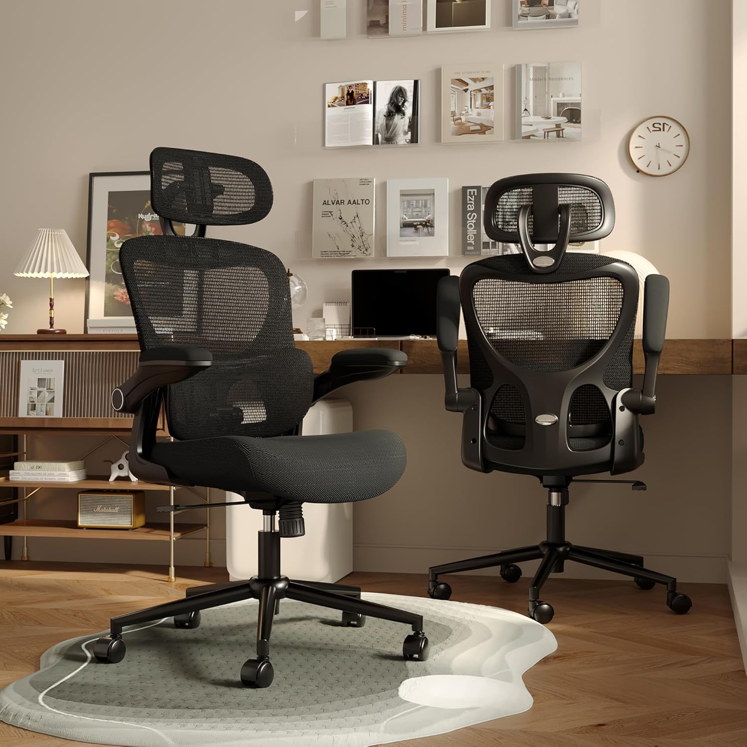 SUNNOW Ergonomic Office Chair, Comfy Mesh Desk Chair, High Back Computer Gaming Chairs with Adjustable Lumbar Support, Flip-Up Arms, Headrest, Tilt Function, Wide Cushion, Swivel Wheel, BIFMA Quality