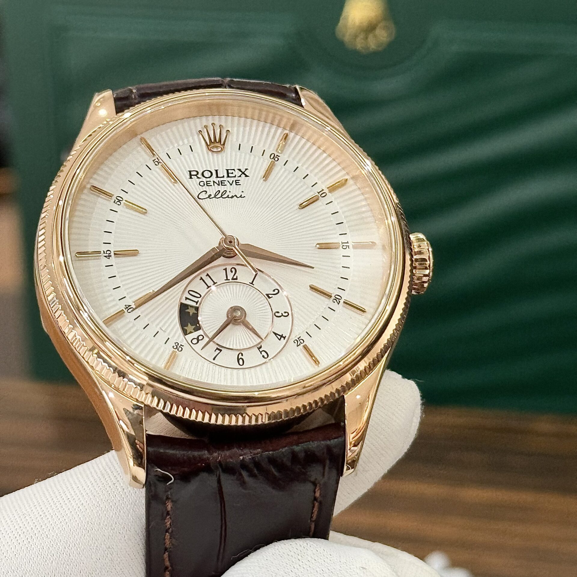 Rolex Cellini 50525 RG Plated White Dial 39mm Brown Leather AAA Replica